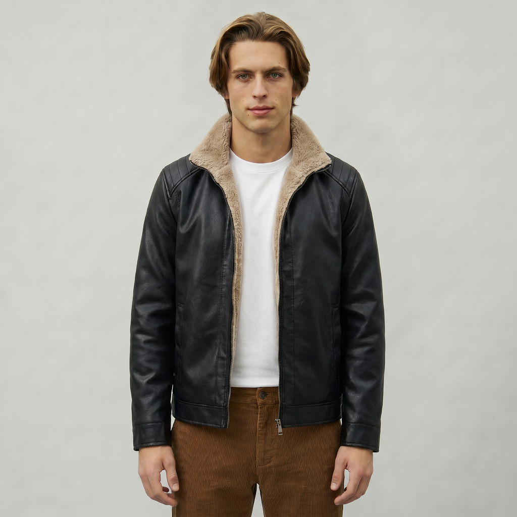 Men’s Faux Leather Jacket - Zip-Up Sherpa-Lined Regular Fit