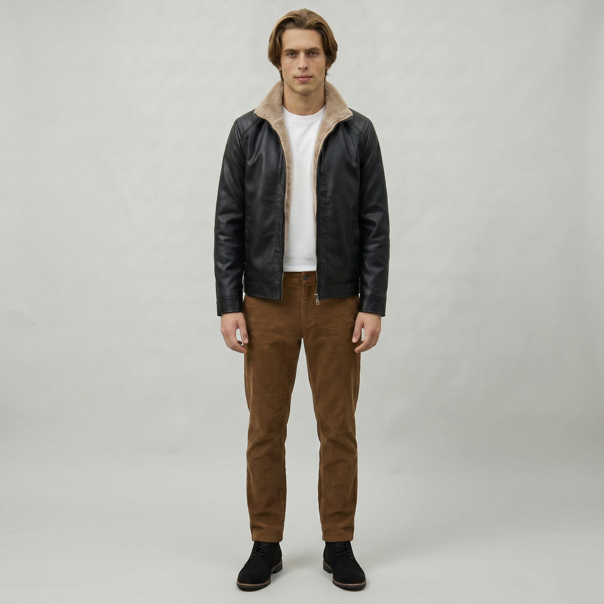 Men’s Faux Leather Jacket - Zip-Up Sherpa-Lined Regular Fit