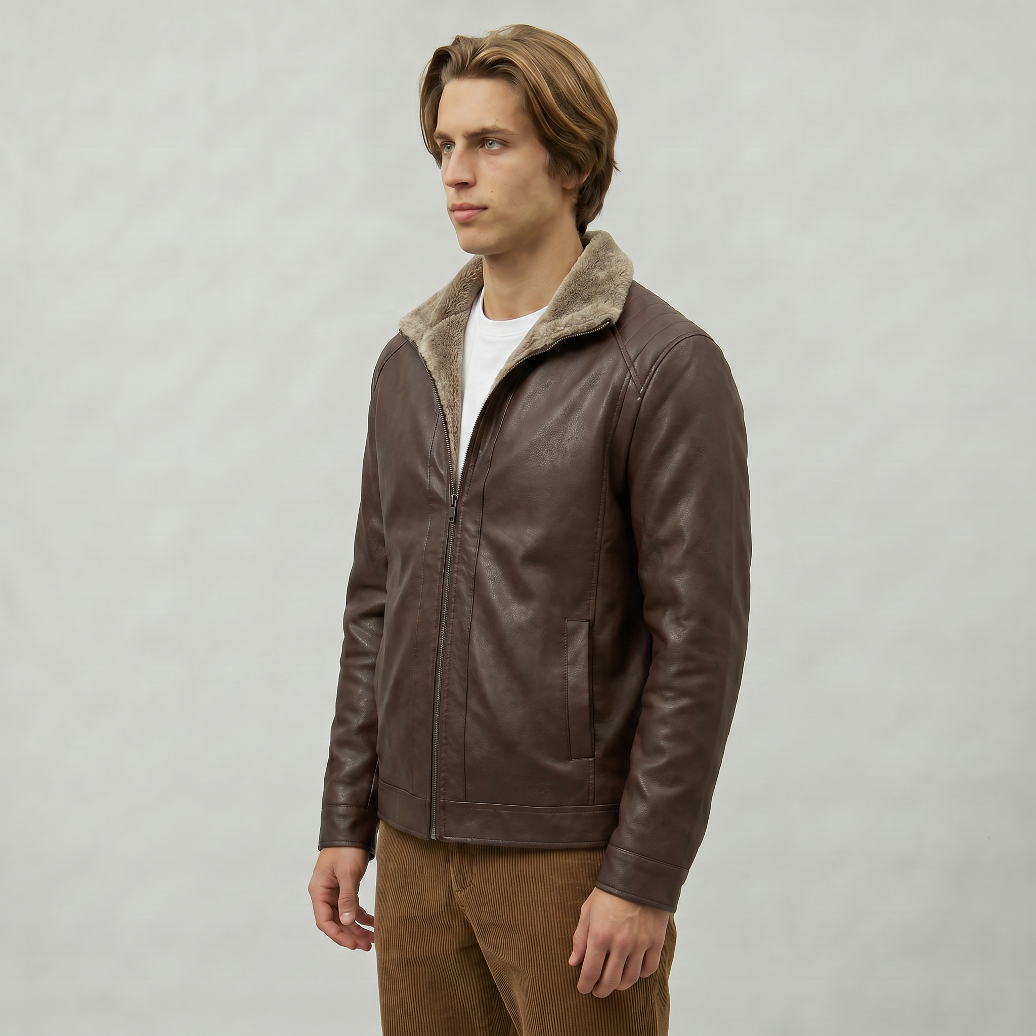Men’s Faux Leather Jacket - Zip-Up Sherpa-Lined Regular Fit