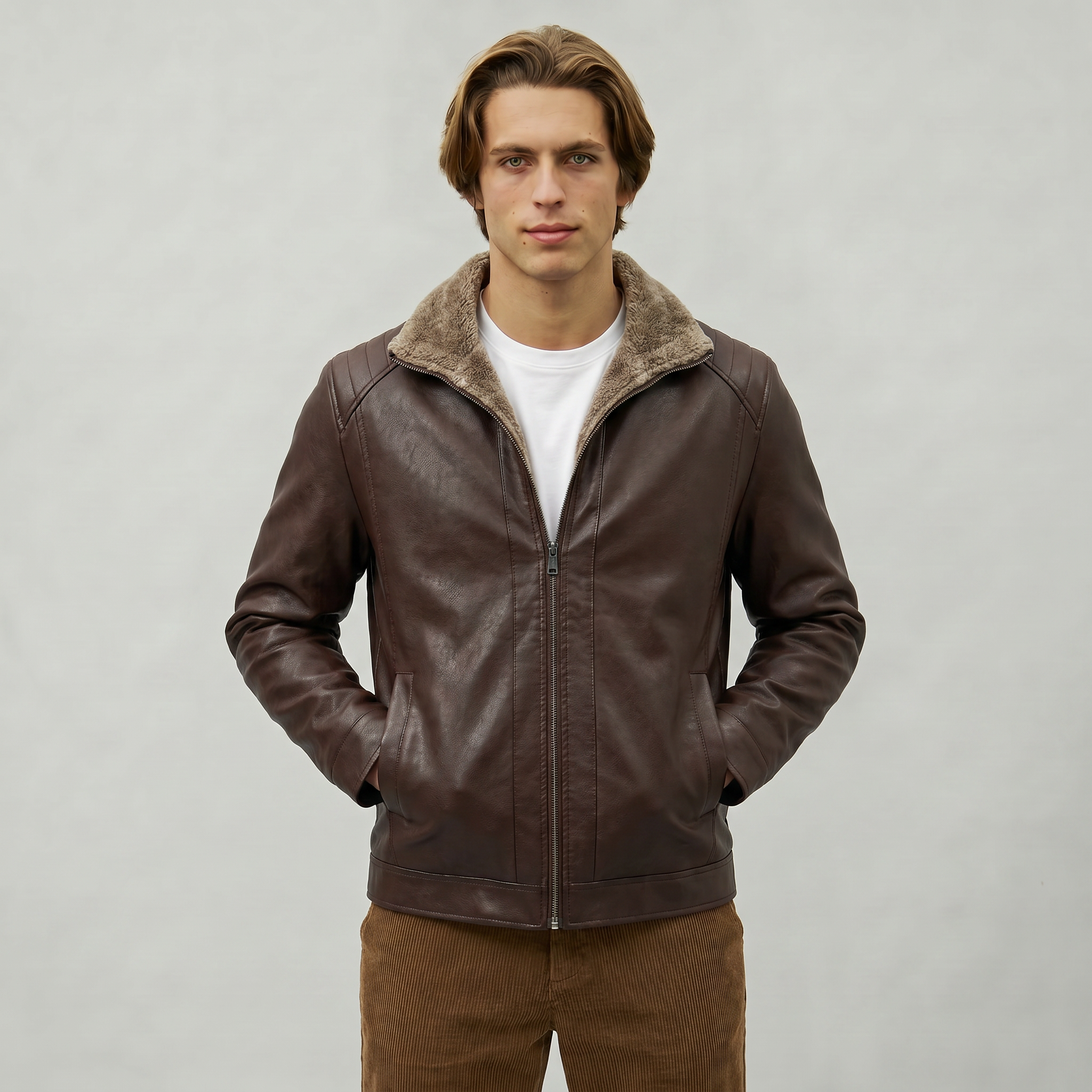 Men’s Faux Leather Jacket - Zip-Up Sherpa-Lined Regular Fit
