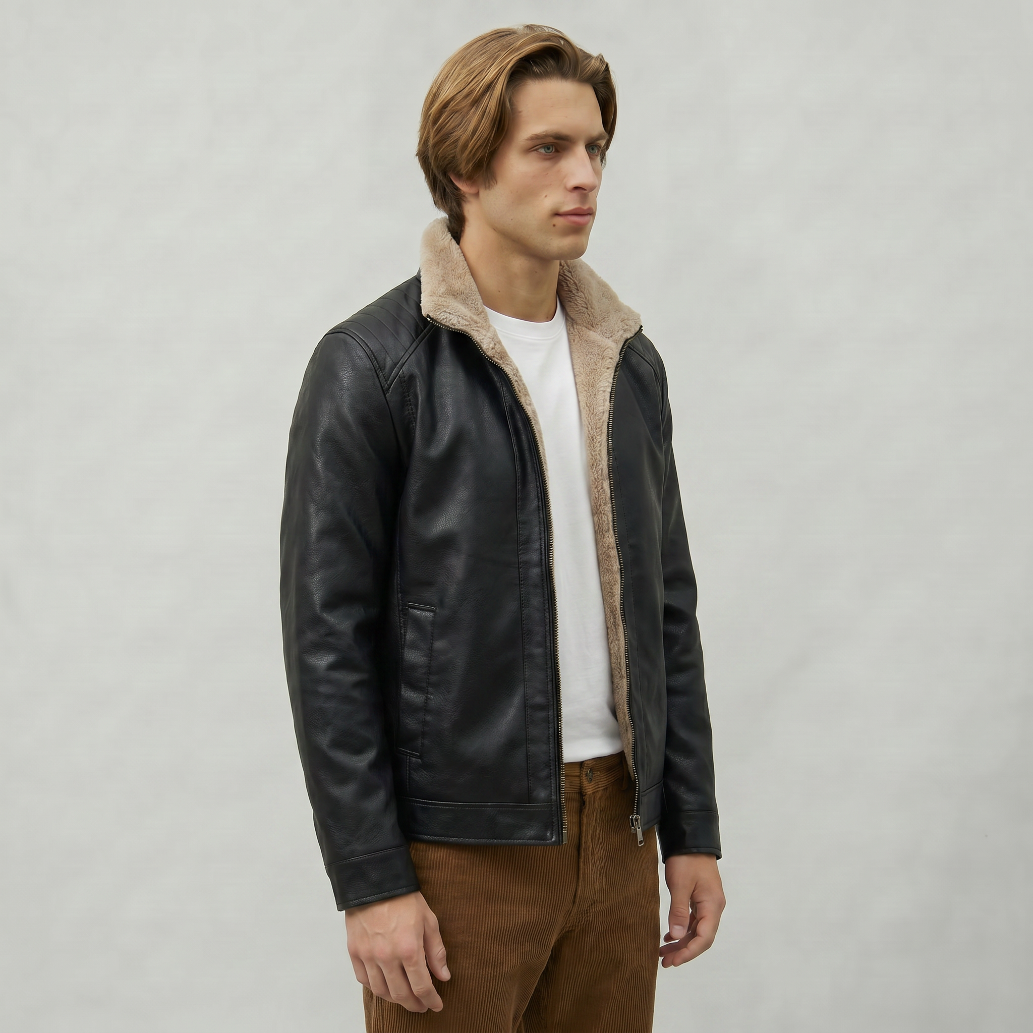 Men’s Faux Leather Jacket - Zip-Up Sherpa-Lined Regular Fit