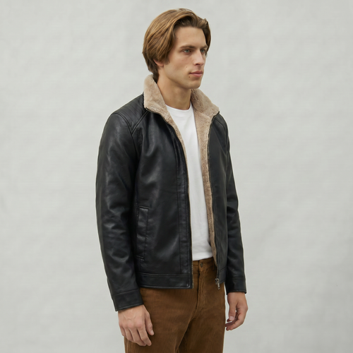 Men’s Faux Leather Jacket - Zip-Up Sherpa-Lined Regular Fit