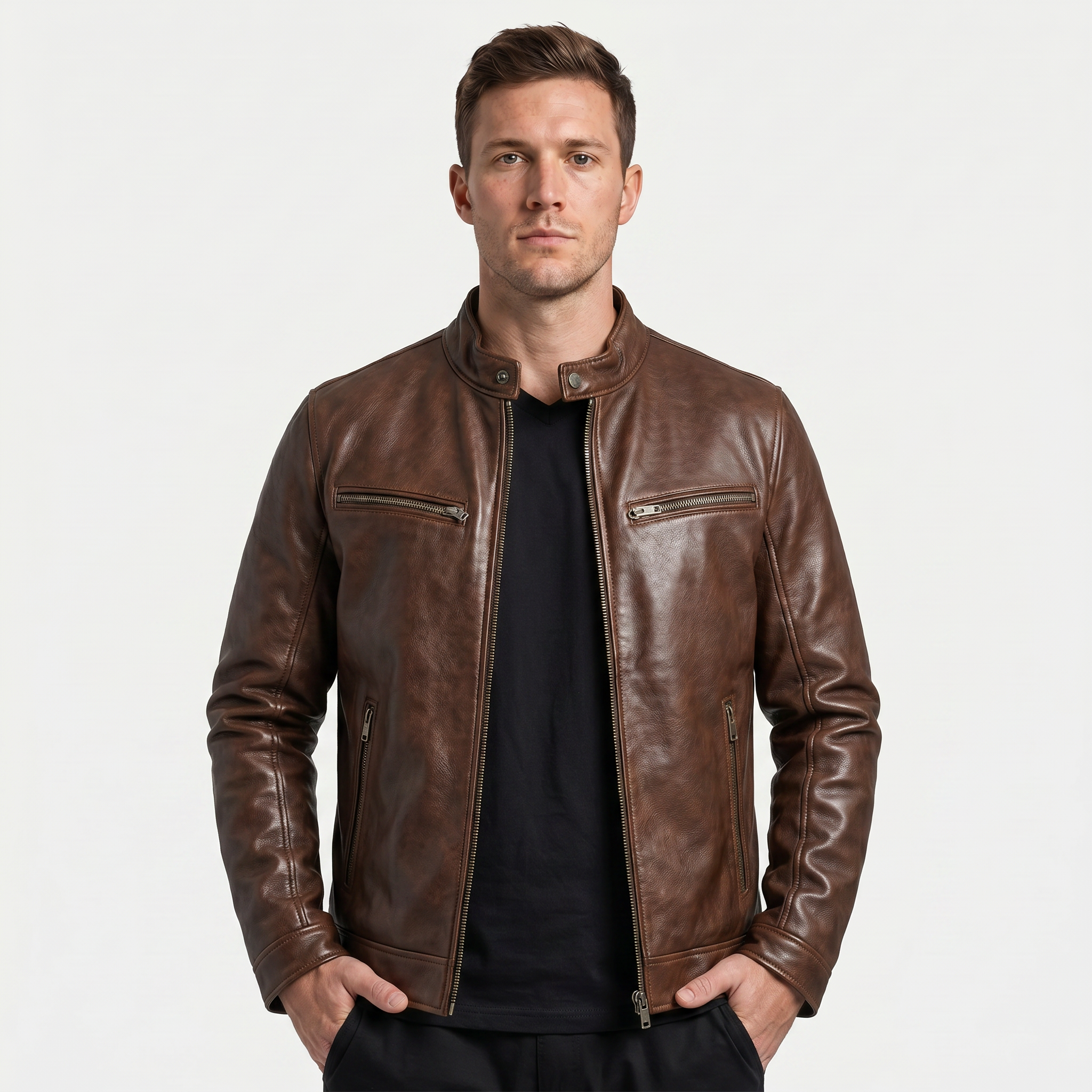 Men's Faux Leather Biker Jacket - Slim Fit Moto Racer Zip Up Jacket