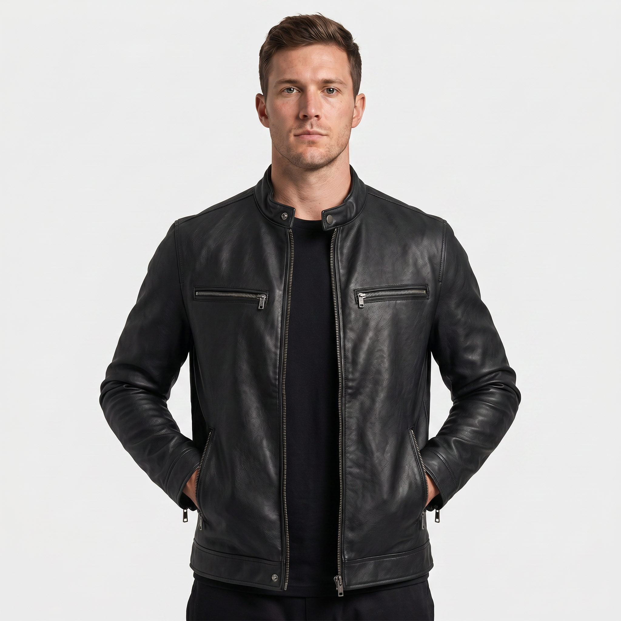 Men's Faux Leather Biker Jacket - Slim Fit Moto Racer Zip Up Jacket