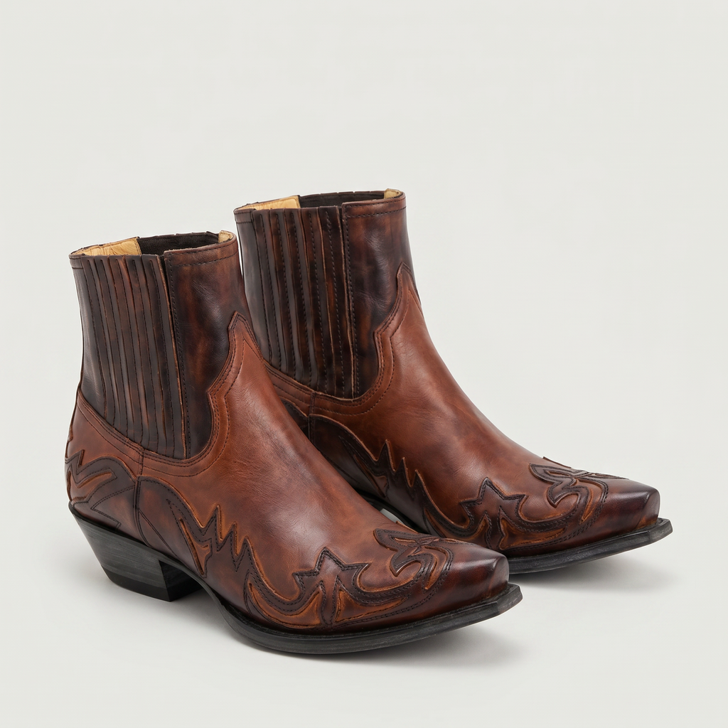 Men’s Burnt Flower Western Boots - Square Toe Chelsea Fit