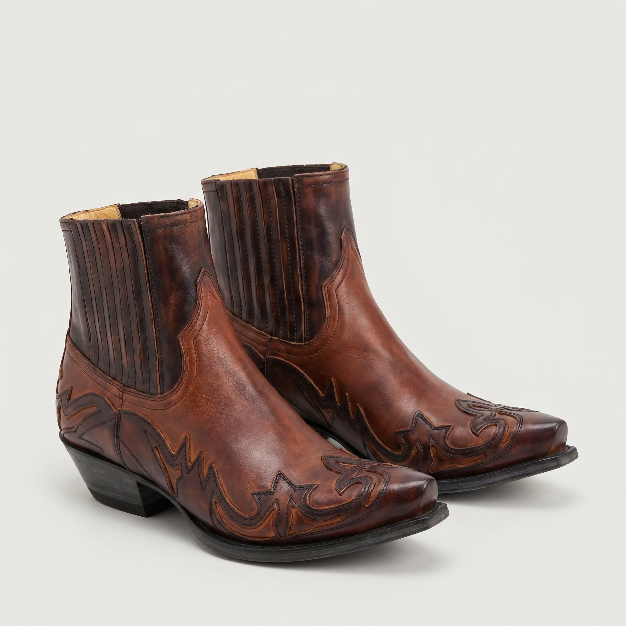 Men’s Burnt Flower Western Boots - Square Toe Chelsea Fit
