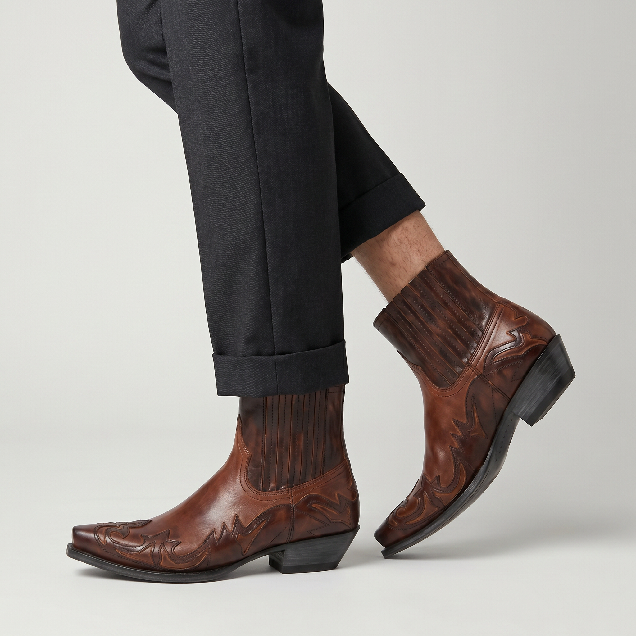 Men’s Burnt Flower Western Boots - Square Toe Chelsea Fit