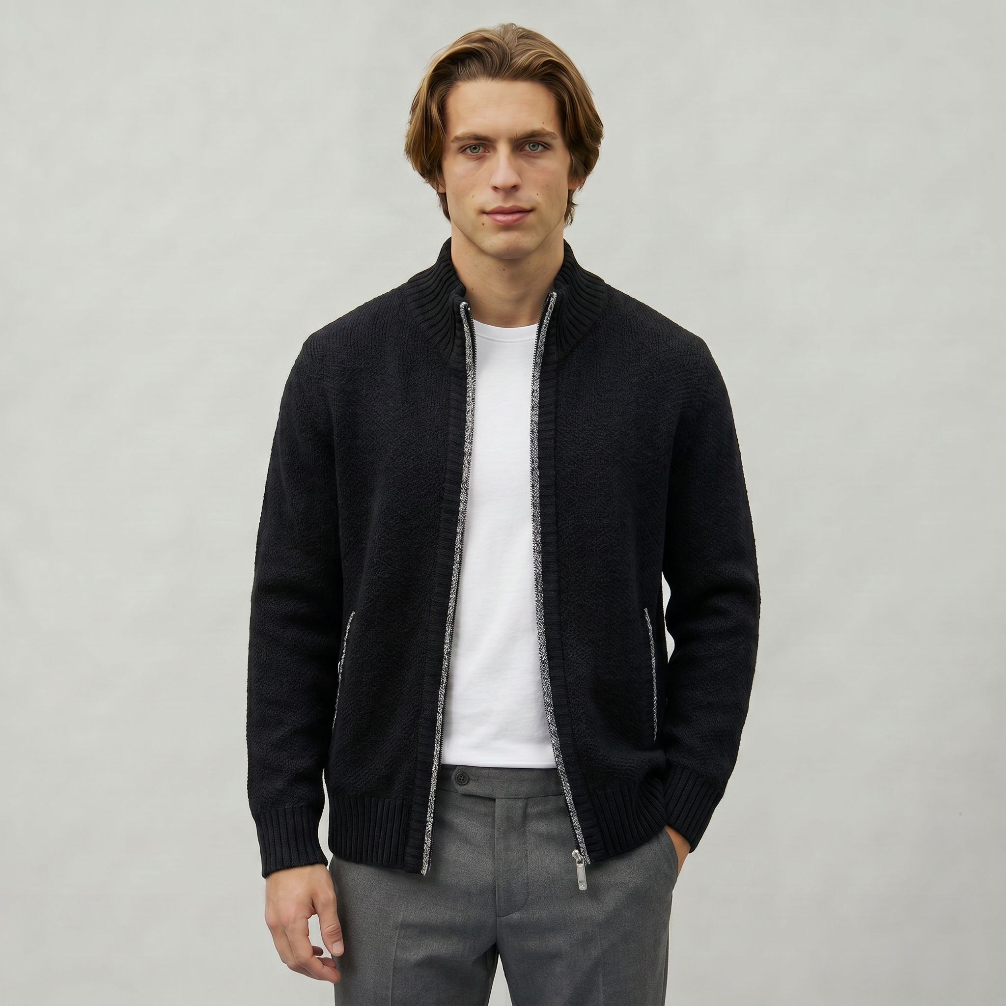 Men’s Full Zip Jacket- Stand Collar Long Sleeve Regular Fit