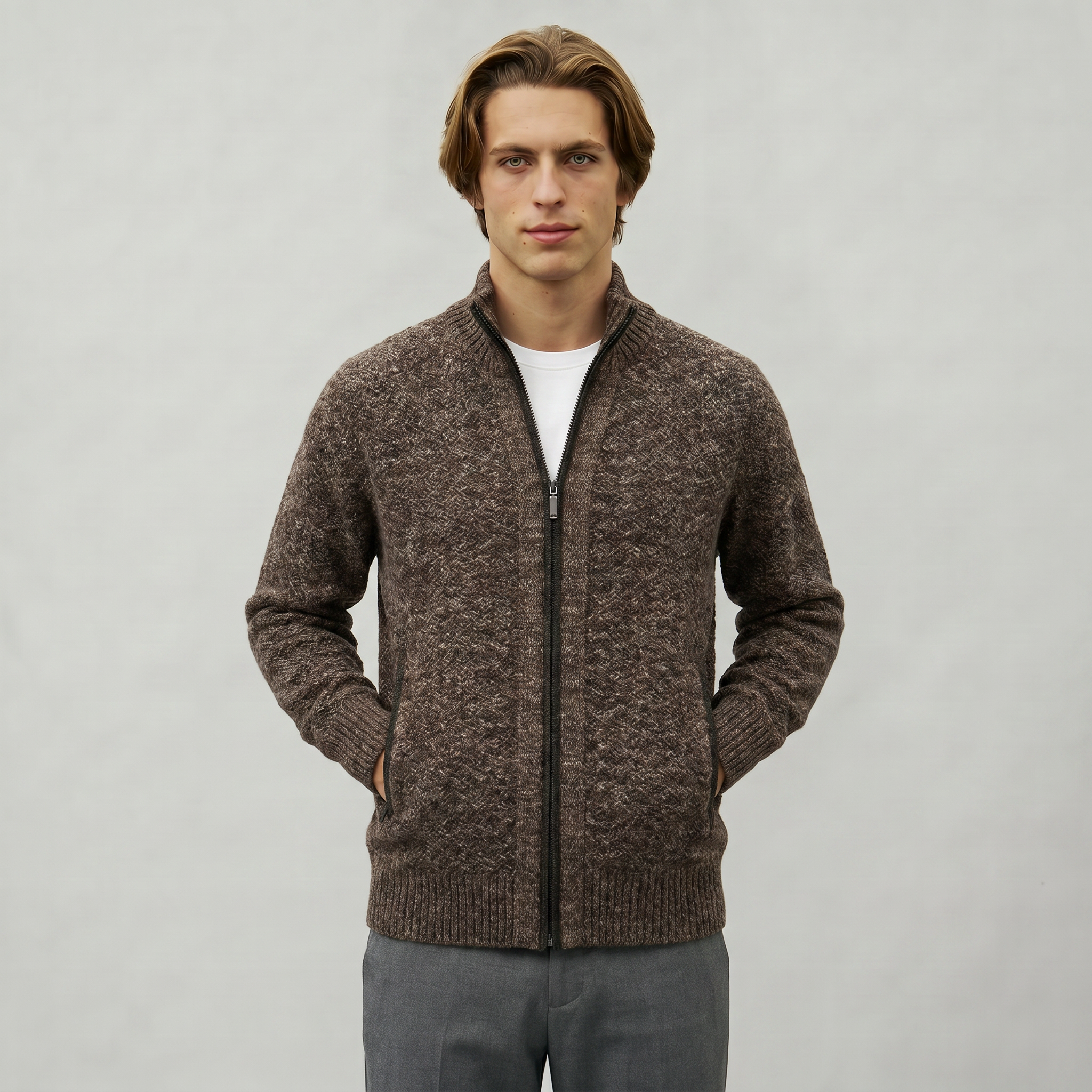 Men’s Full Zip Jacket- Stand Collar Long Sleeve Regular Fit