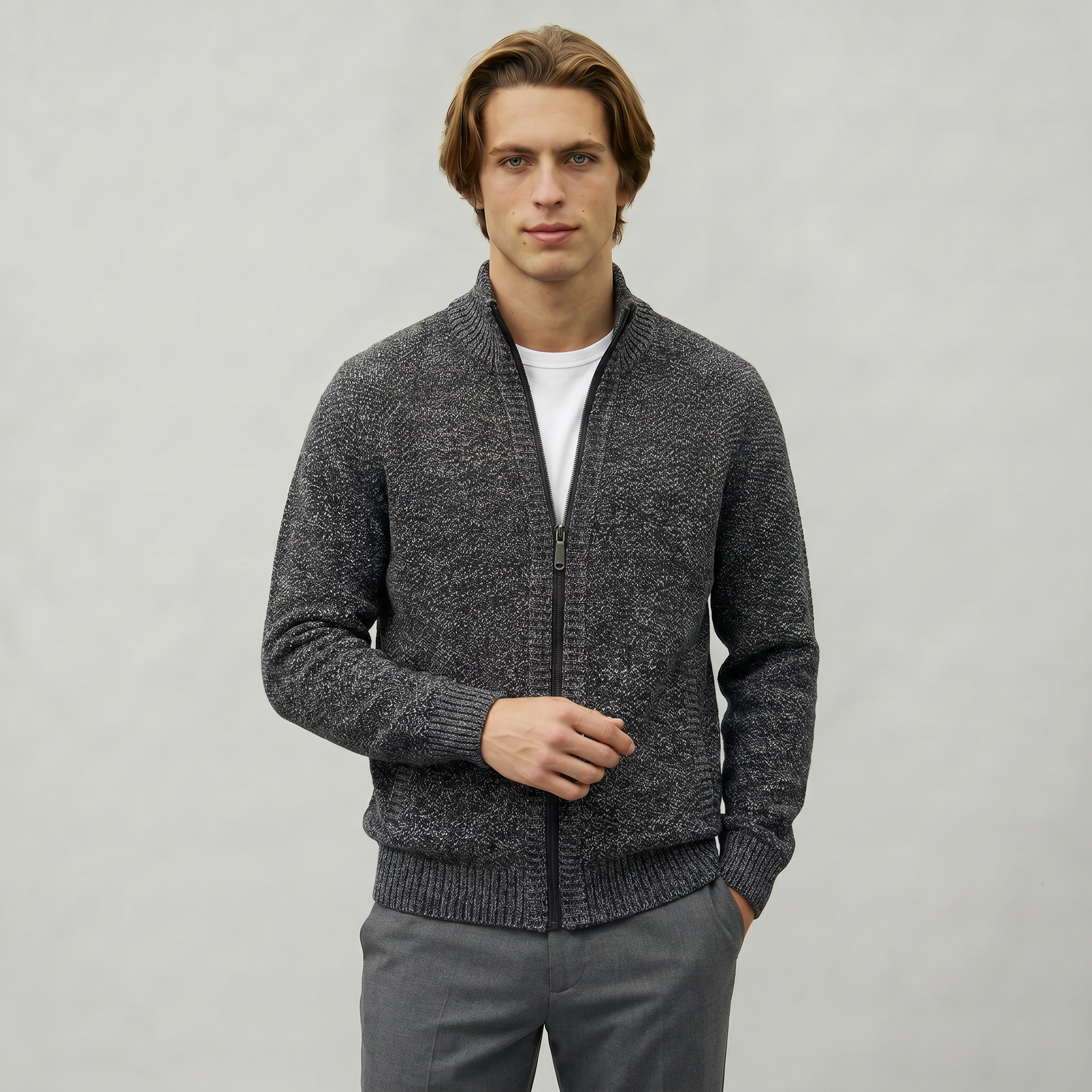 Men’s Full Zip Jacket- Stand Collar Long Sleeve Regular Fit