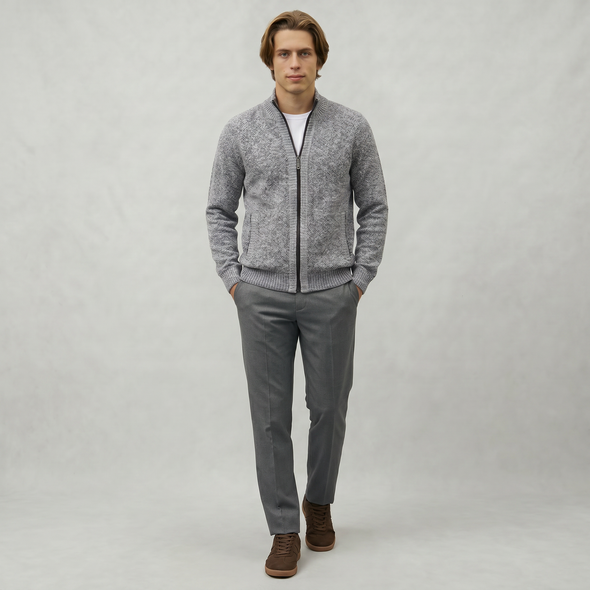Men’s Full Zip Jacket- Stand Collar Long Sleeve Regular Fit