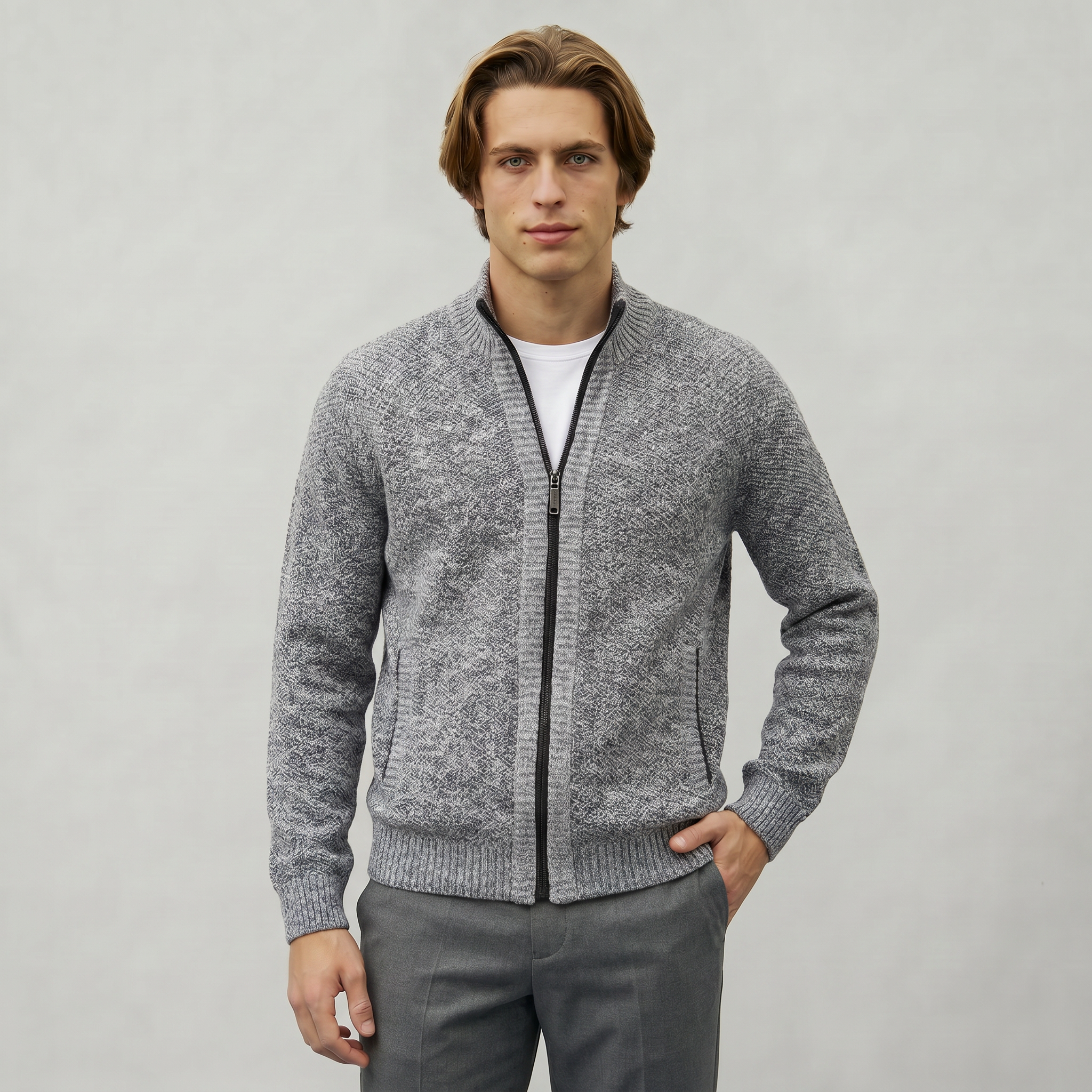 Men’s Full Zip Jacket- Stand Collar Long Sleeve Regular Fit