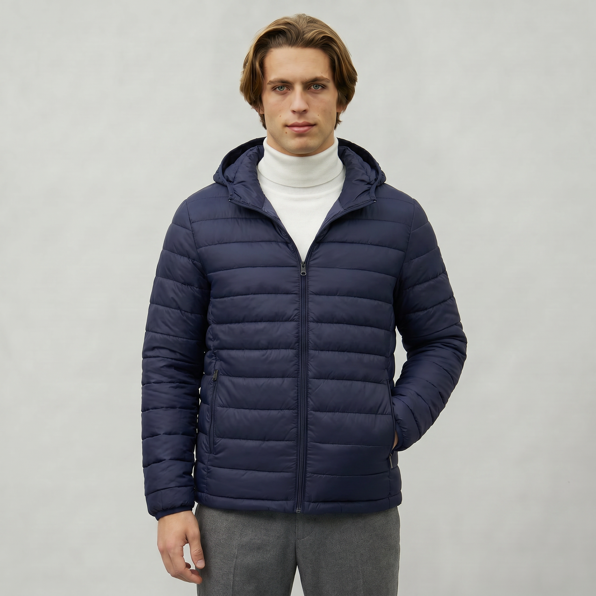 Men’s Hooded Puffer Jacket - Full Zip Lightweight Fit