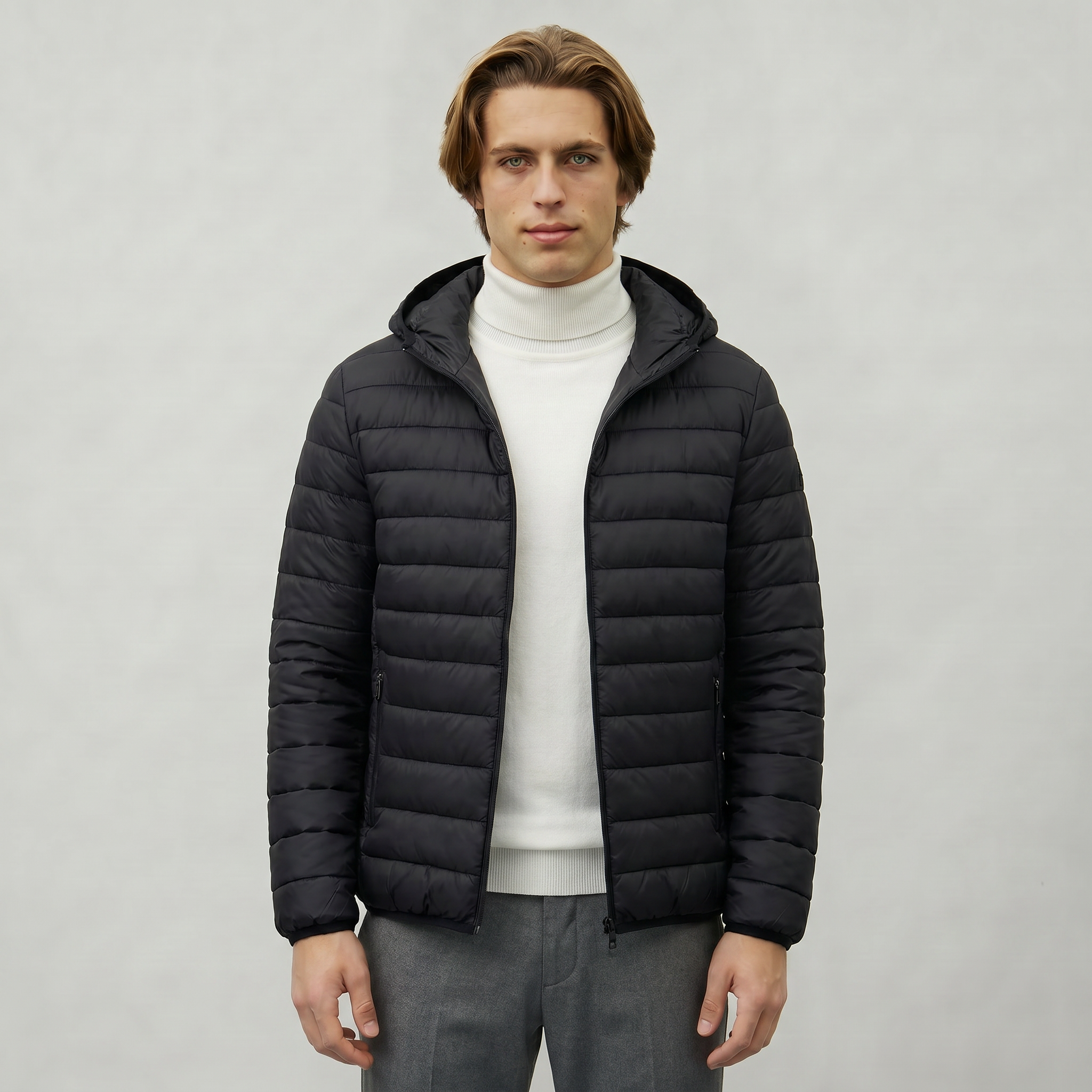 Men’s Hooded Puffer Jacket - Full Zip Lightweight Fit