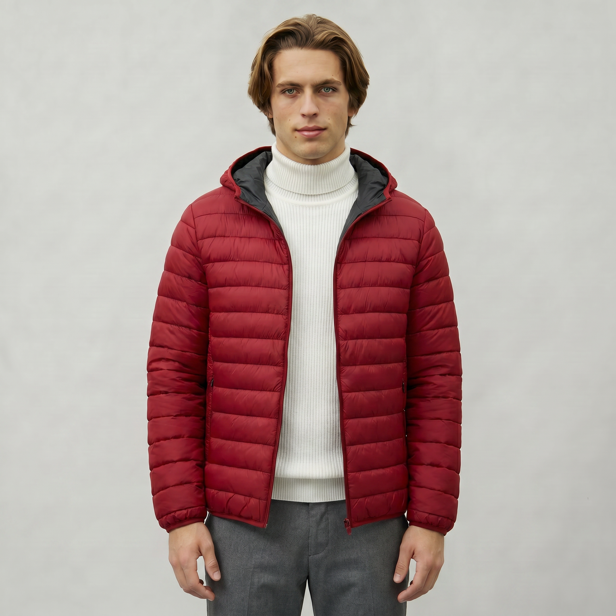 Men’s Hooded Puffer Jacket - Full Zip Lightweight Fit