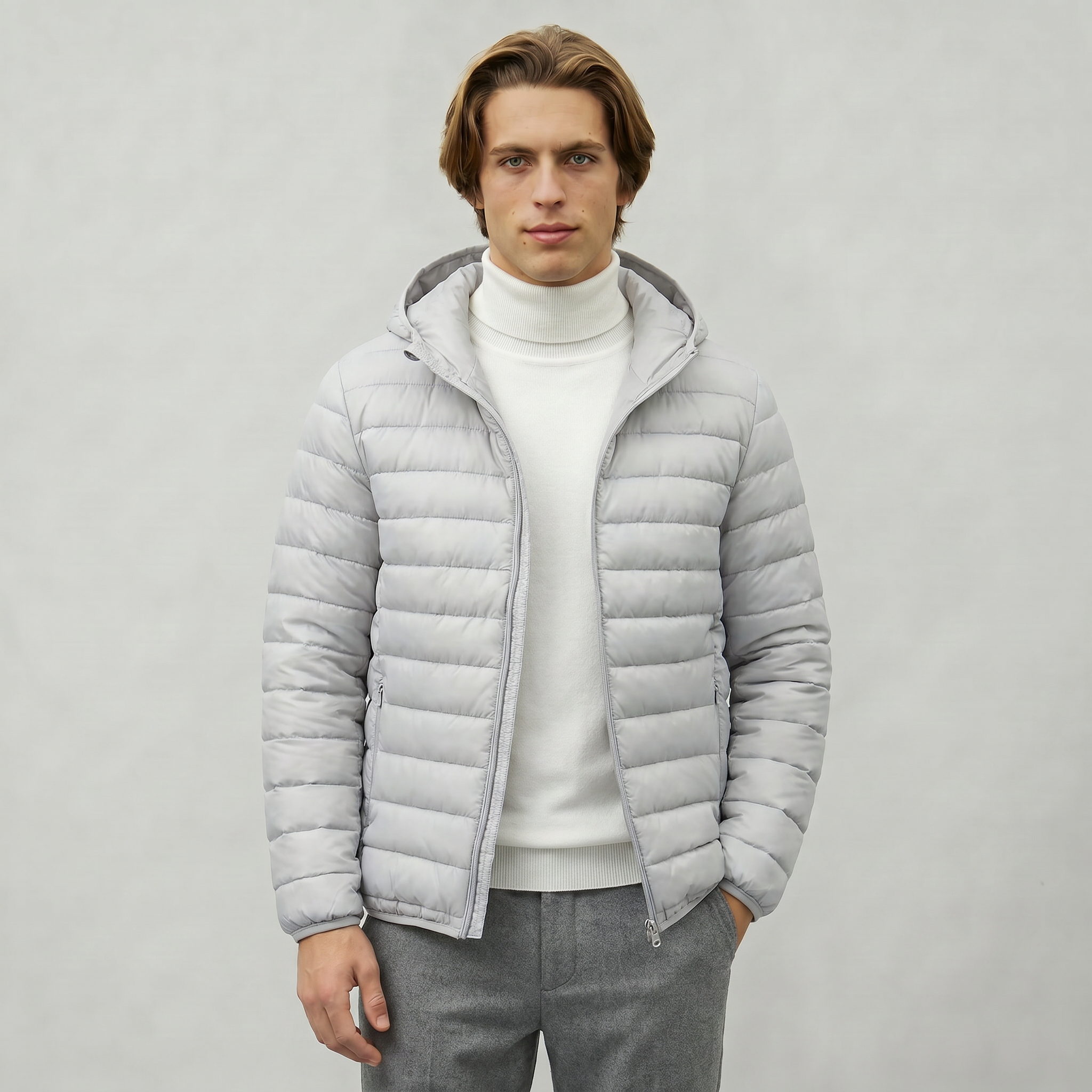 Men’s Hooded Puffer Jacket - Full Zip Lightweight Fit