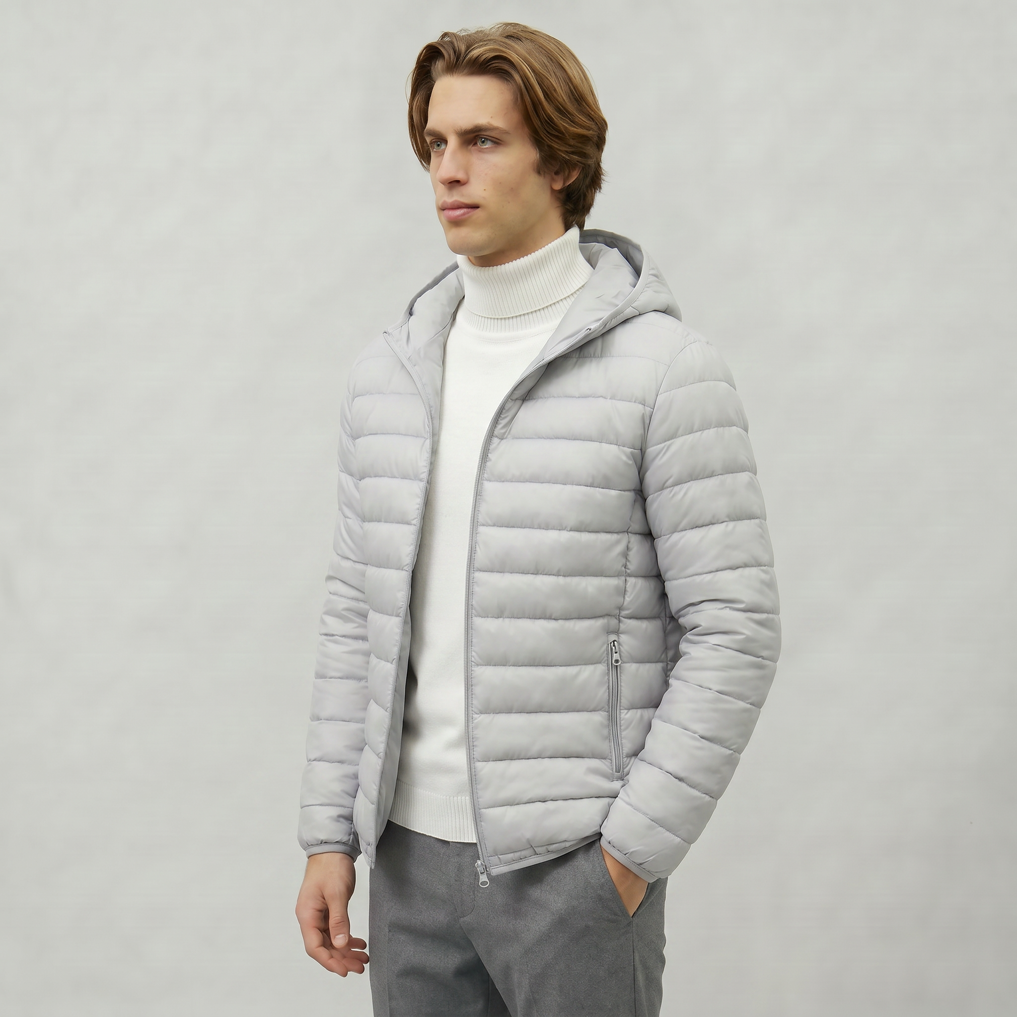 Men’s Hooded Puffer Jacket - Full Zip Lightweight Fit