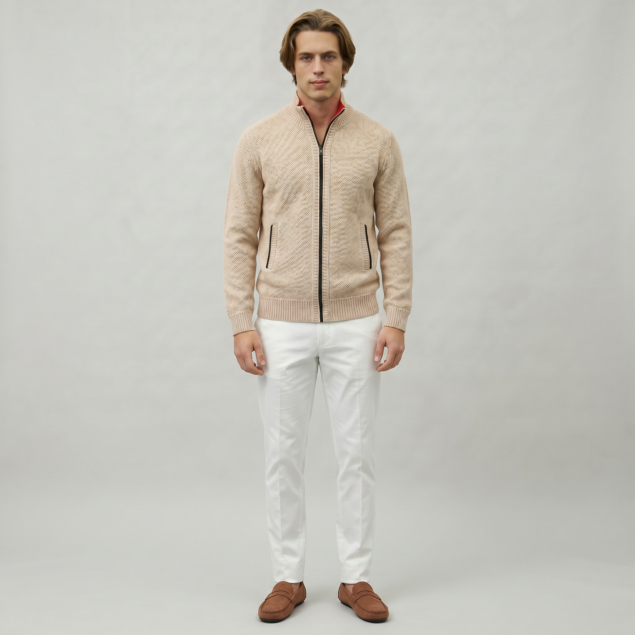 Men’s Knit Zip-Up Jumper - Stand Collar Regular Fit