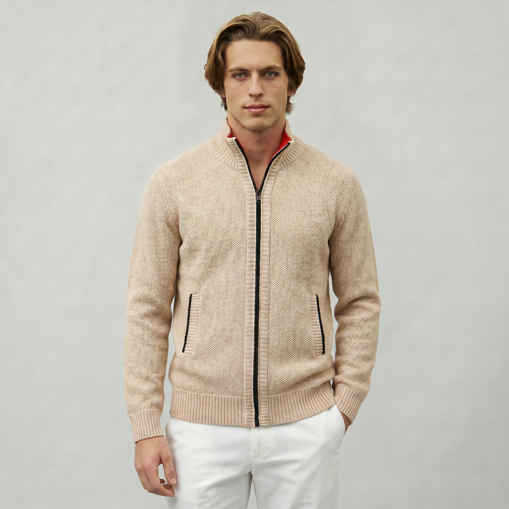 Men’s Knit Zip-Up Jumper - Stand Collar Regular Fit