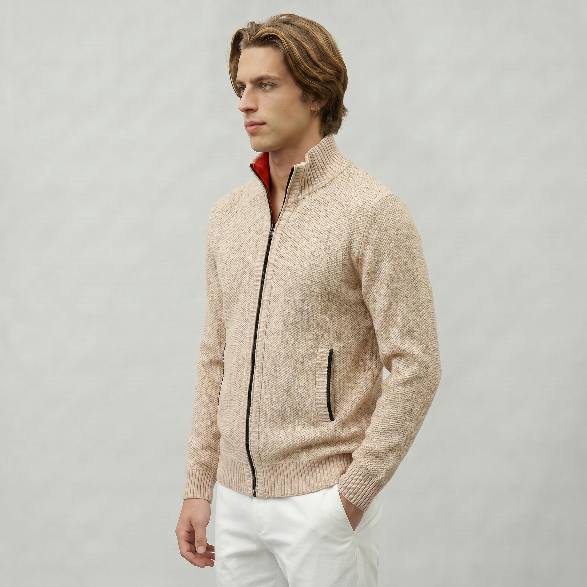 Men’s Knit Zip-Up Jumper - Stand Collar Regular Fit