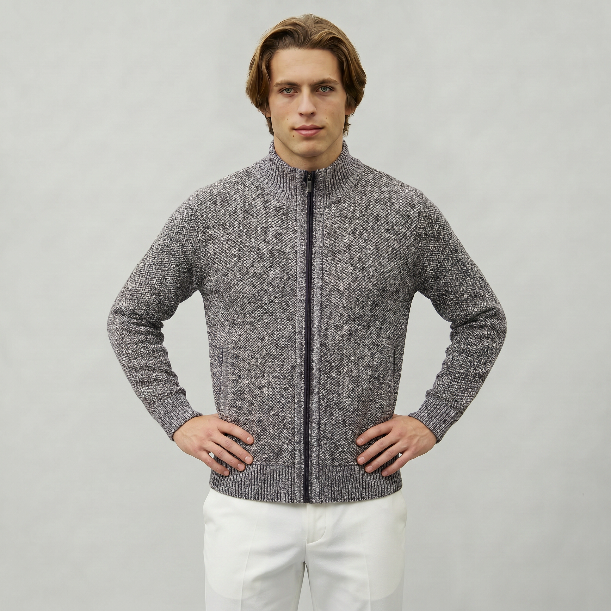 Men’s Knit Zip-Up Jumper - Stand Collar Regular Fit