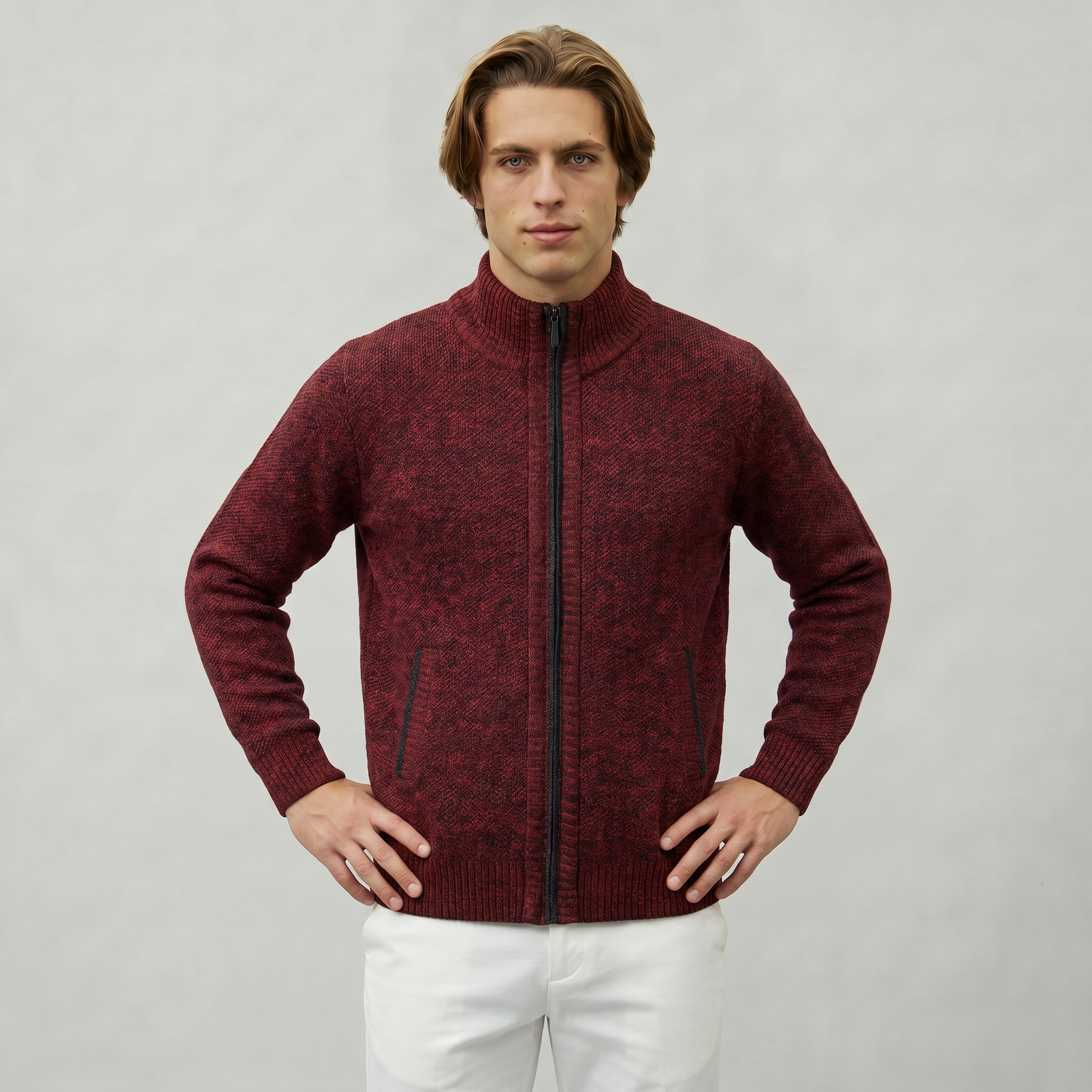 Men’s Knit Zip-Up Jumper - Stand Collar Regular Fit
