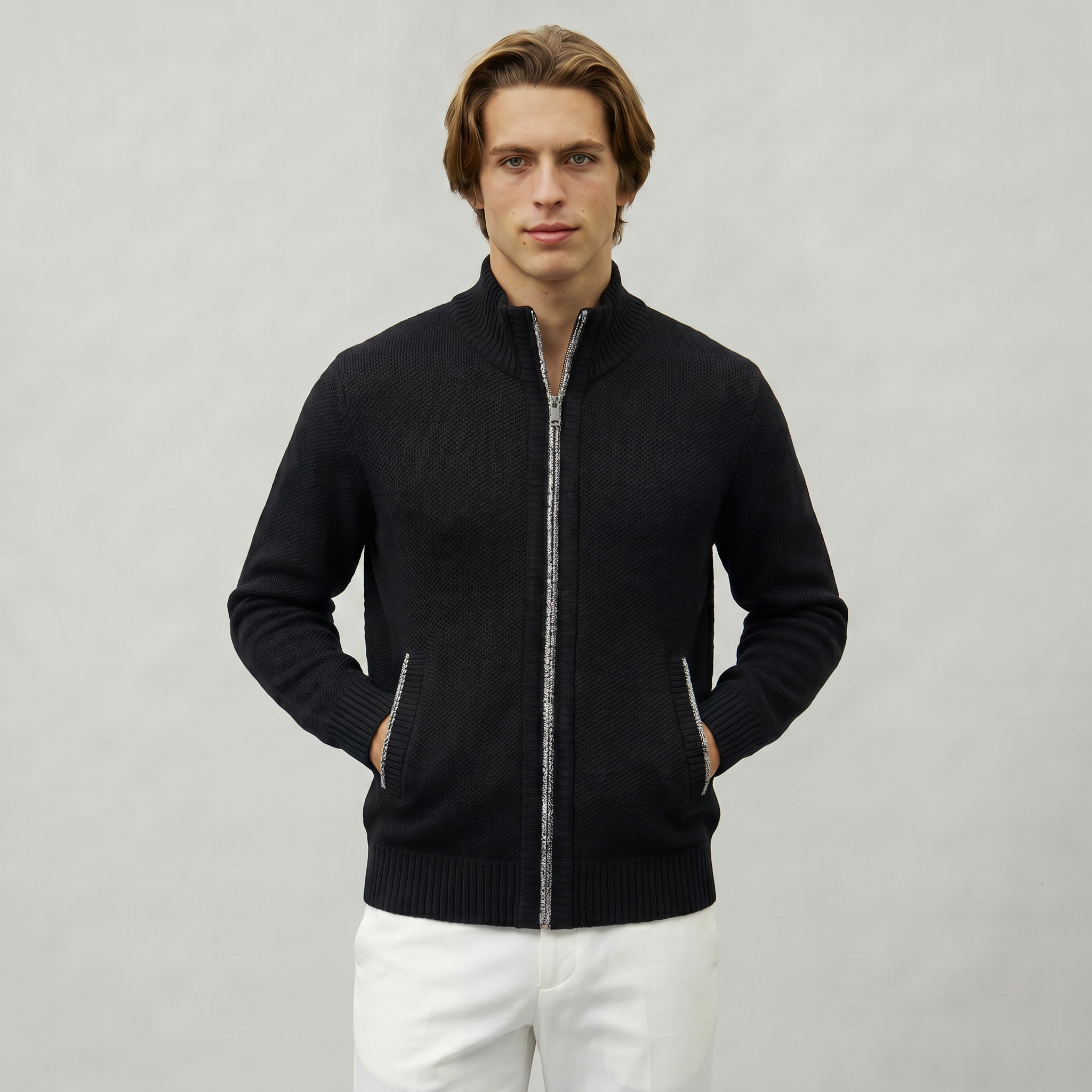 Men’s Knit Zip-Up Jumper - Stand Collar Regular Fit