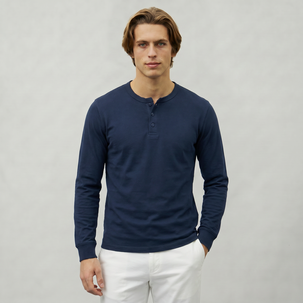 Men’s Long Sleeve Henley Shirt - Button Neck Regular Fit