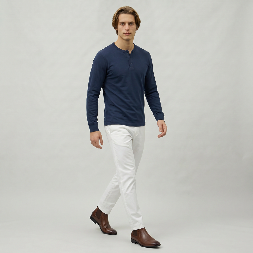 Men’s Long Sleeve Henley Shirt - Button Neck Regular Fit