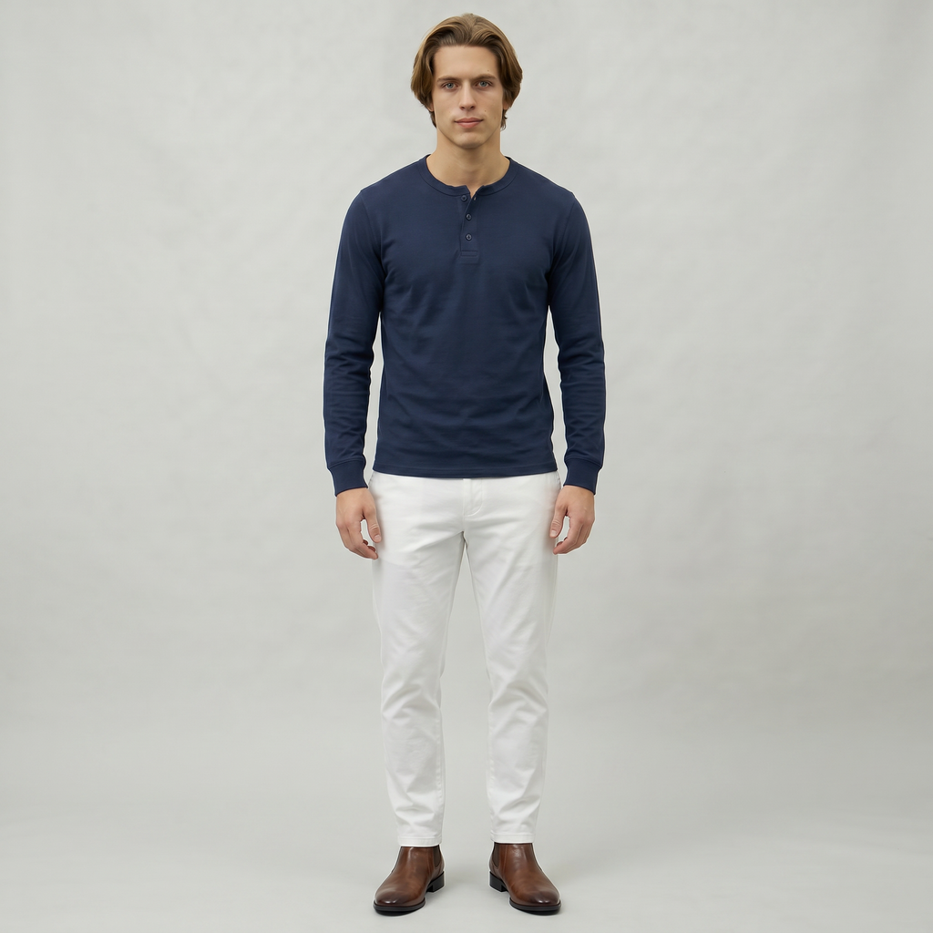 Men’s Long Sleeve Henley Shirt - Button Neck Regular Fit