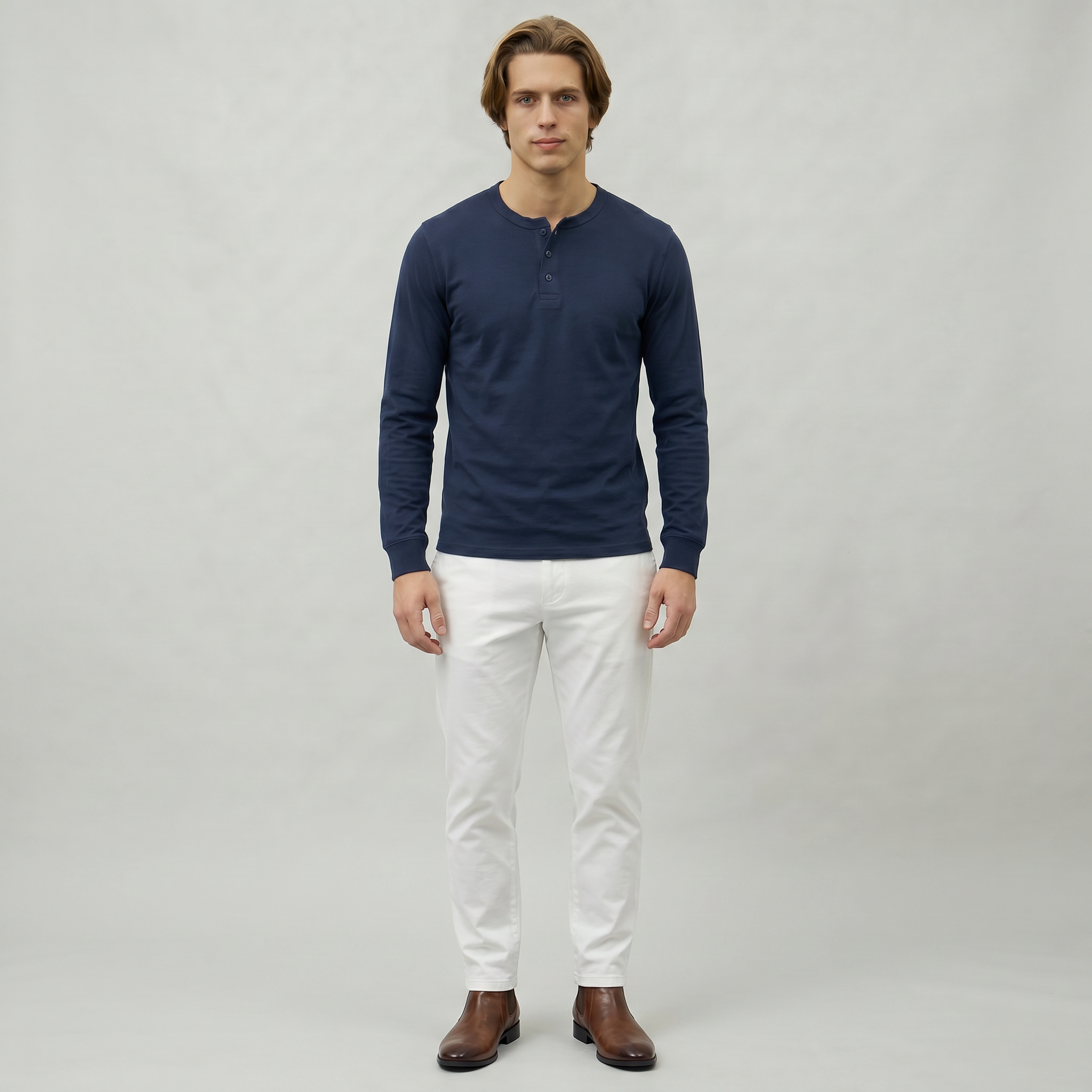 Men’s Long Sleeve Henley Shirt - Button Neck Regular Fit