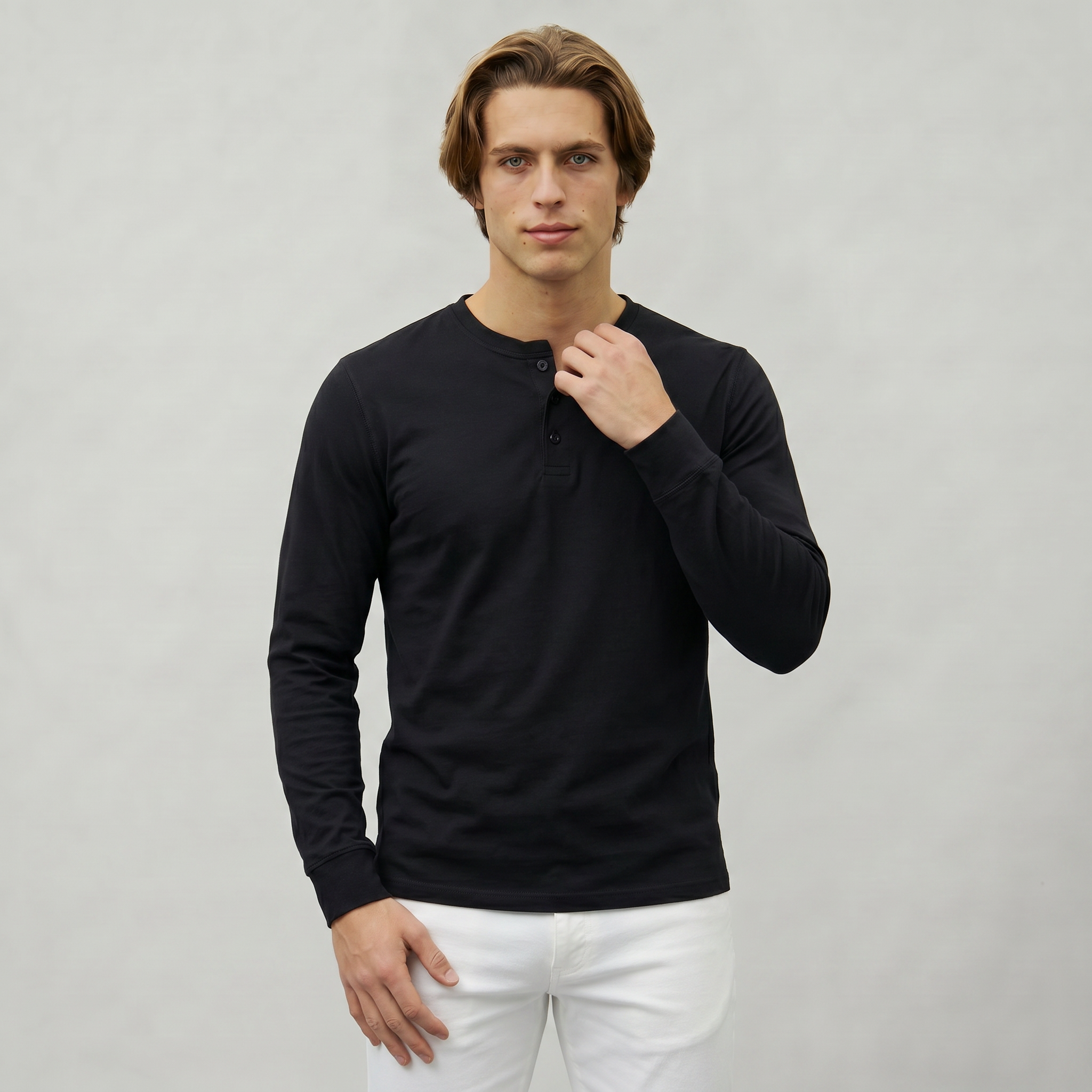 Men’s Long Sleeve Henley Shirt - Button Neck Regular Fit