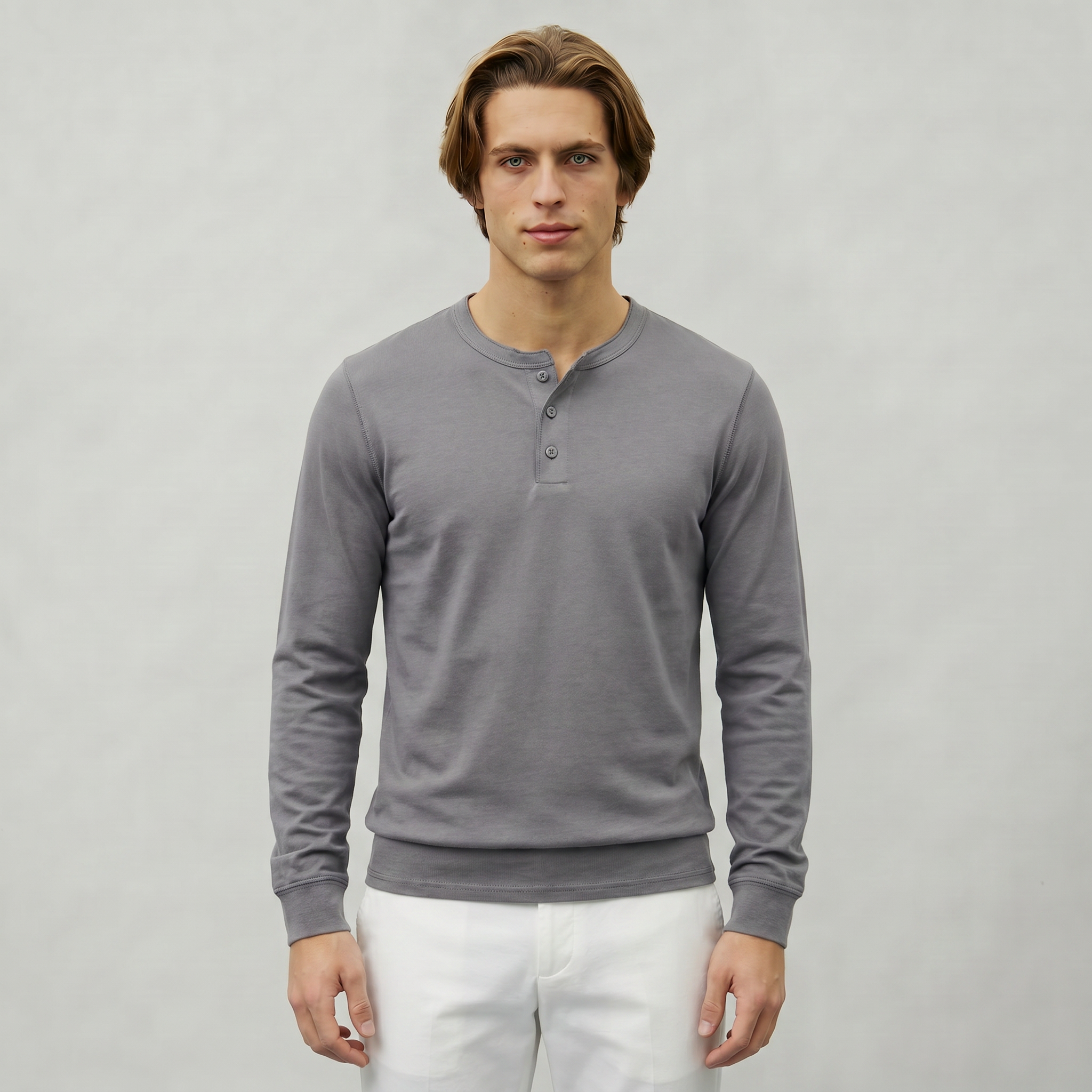 Men’s Long Sleeve Henley Shirt - Button Neck Regular Fit