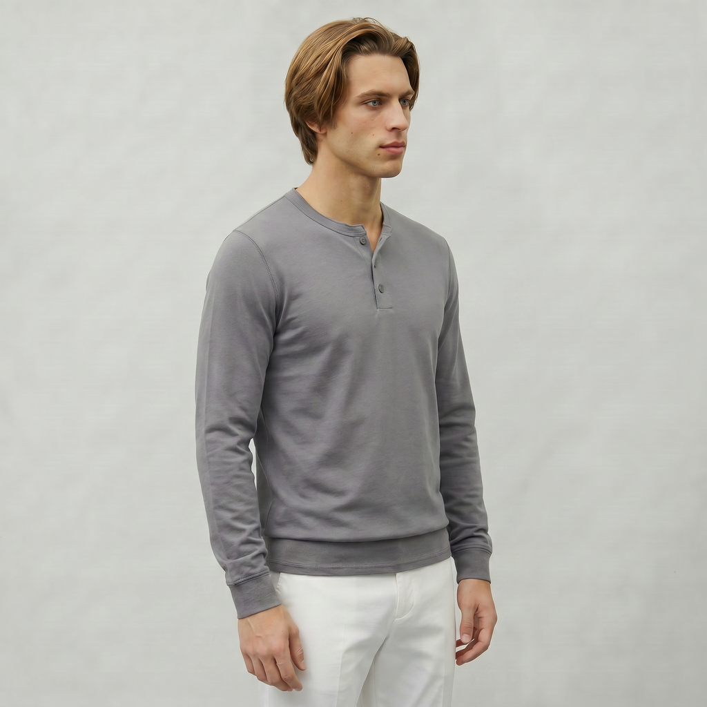 Men’s Long Sleeve Henley Shirt - Button Neck Regular Fit