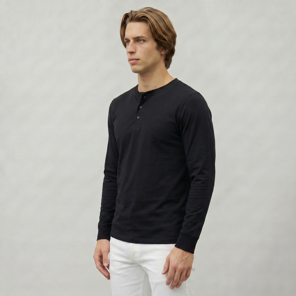 Men’s Long Sleeve Henley Shirt - Button Neck Regular Fit