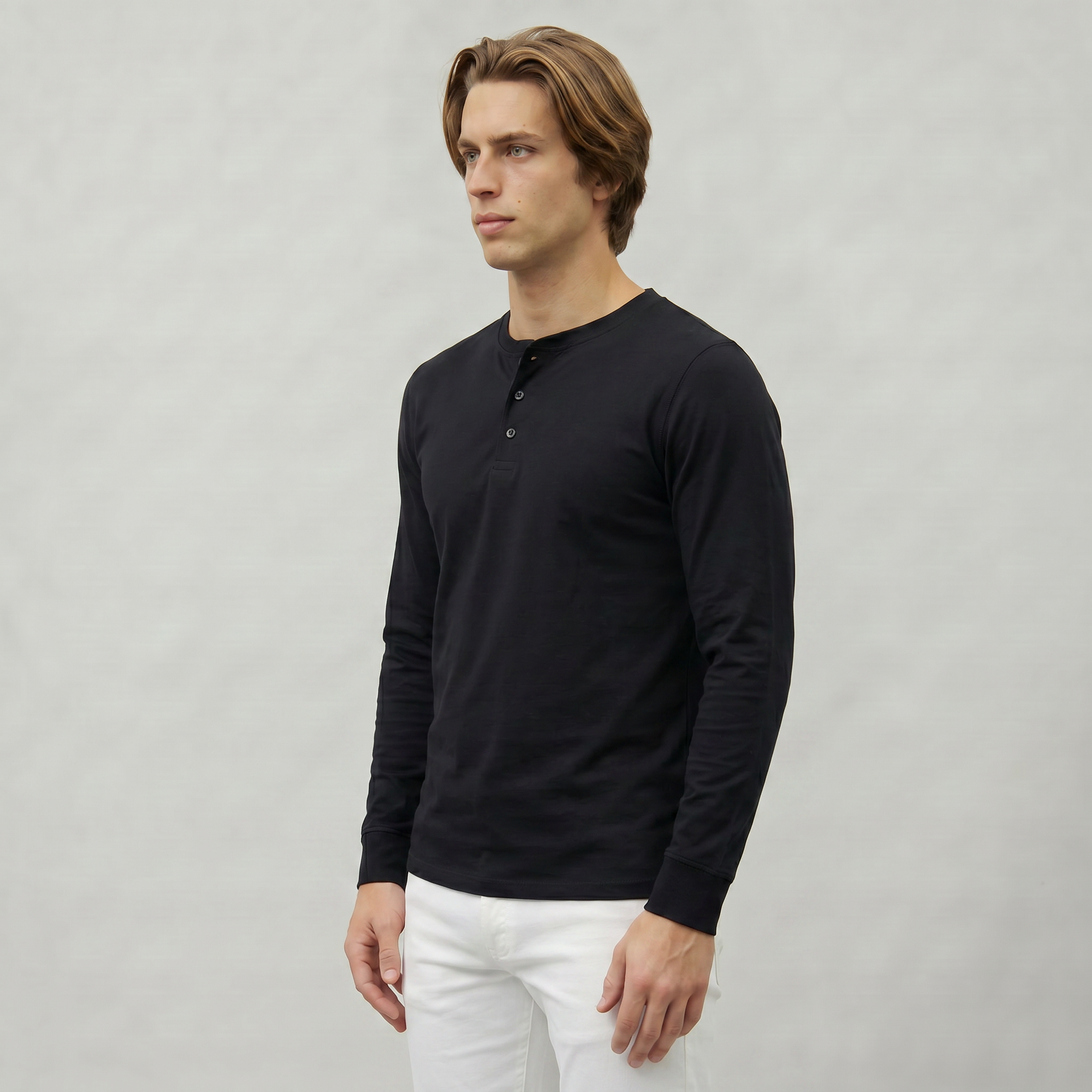 Men’s Long Sleeve Henley Shirt - Button Neck Regular Fit