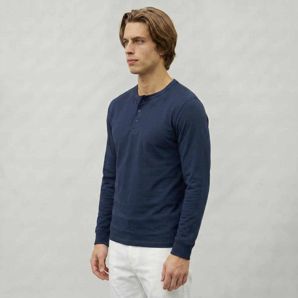 Men’s Long Sleeve Henley Shirt - Button Neck Regular Fit