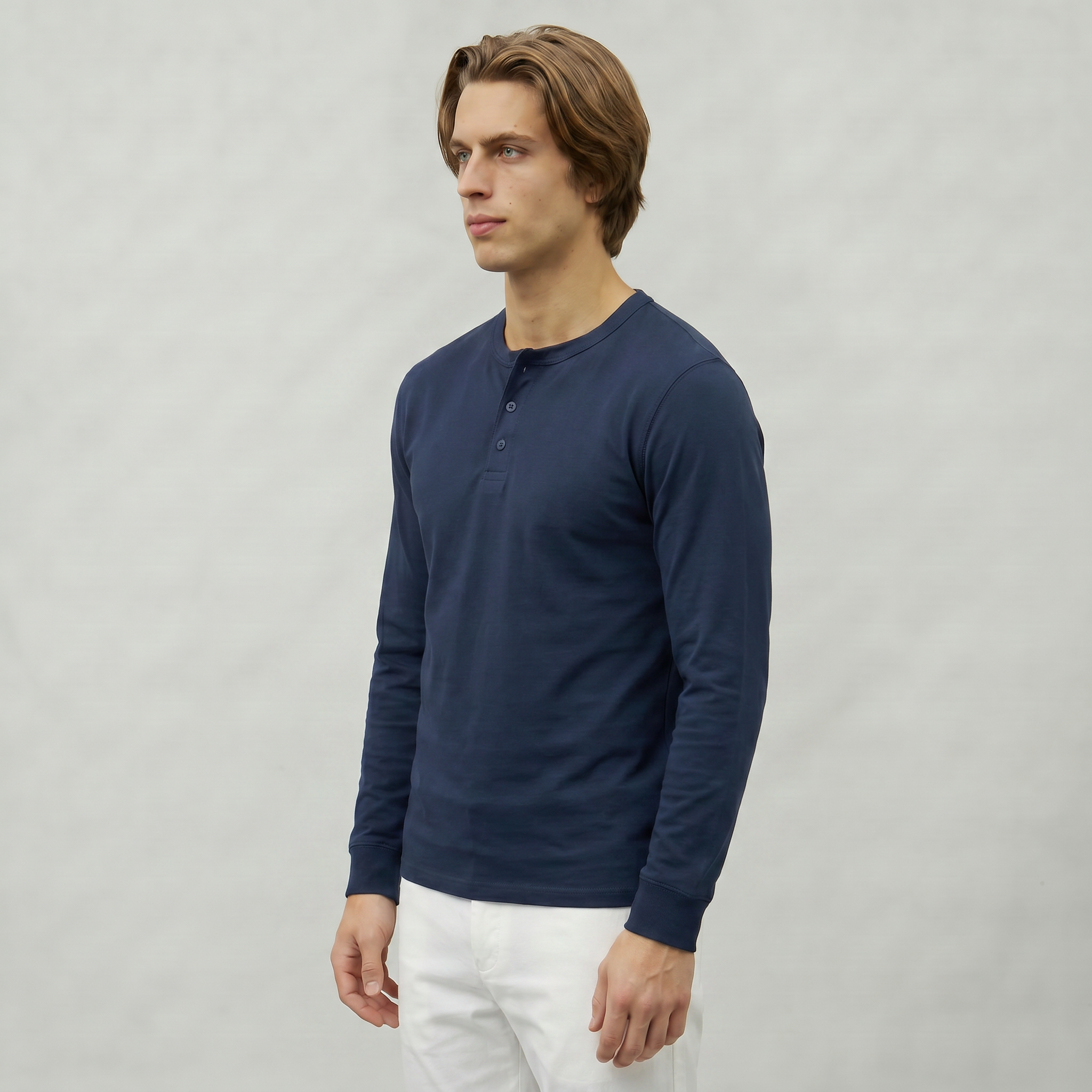Men’s Long Sleeve Henley Shirt - Button Neck Regular Fit
