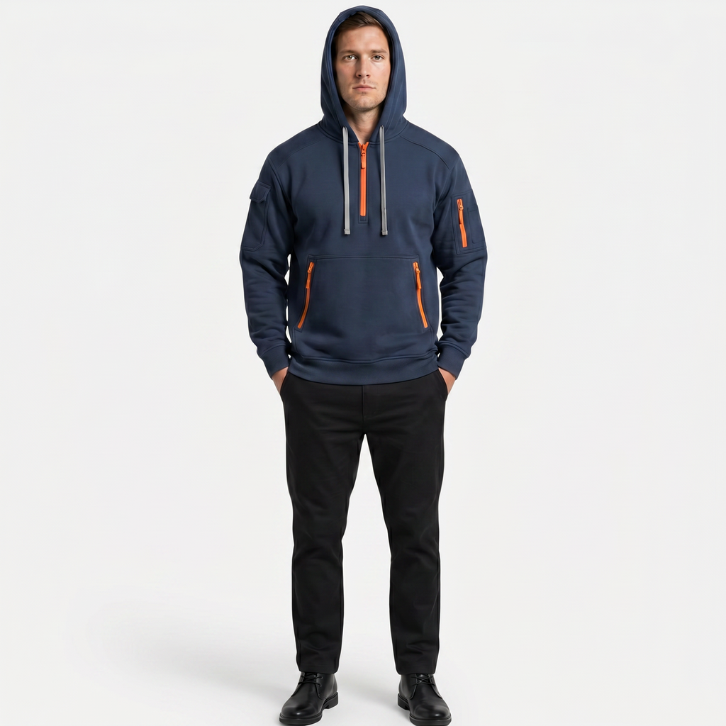 Men's Quarter Zip Tactical Hoodie - Multi-Pocket Fleece Pullover Sweatshirt