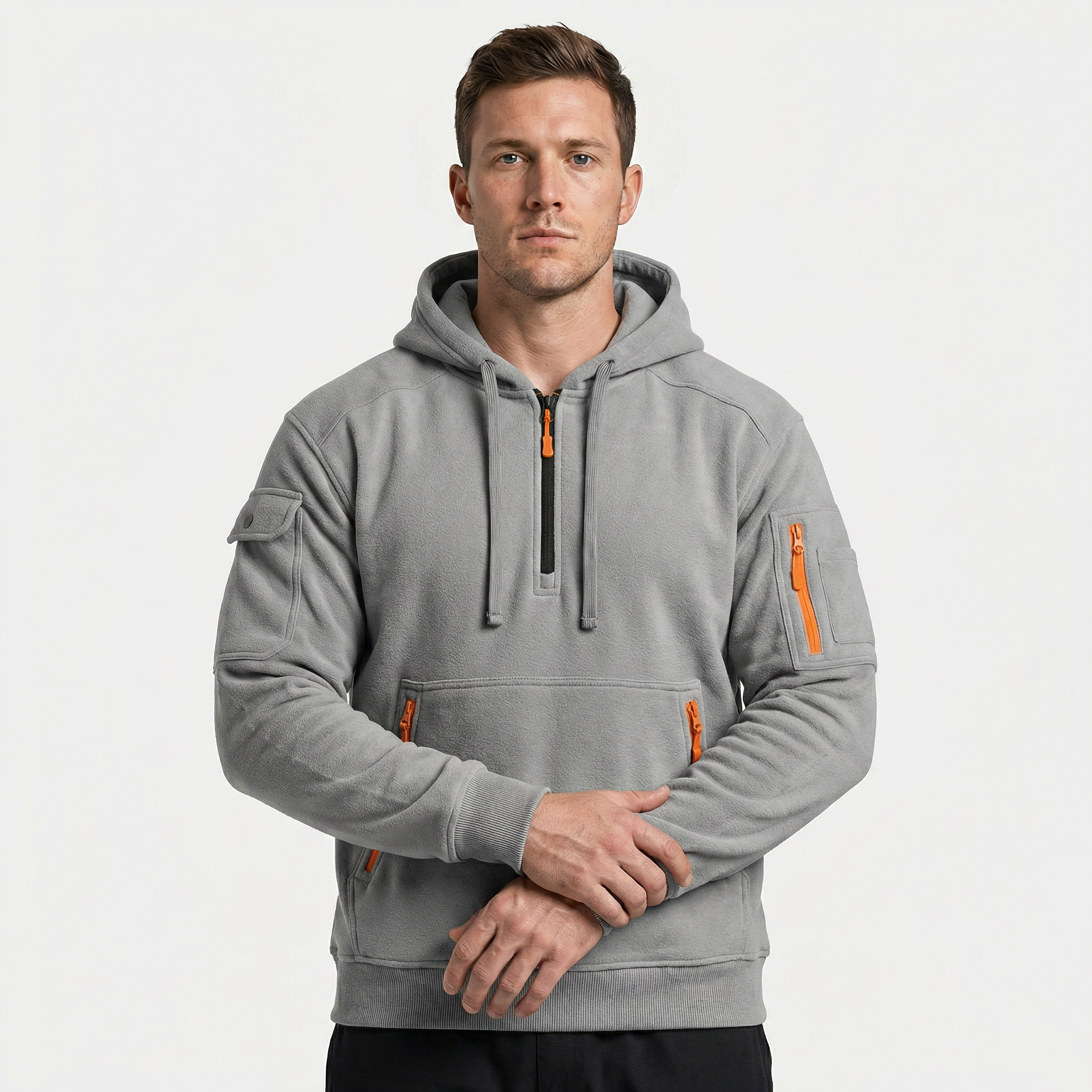 Men's Quarter Zip Tactical Hoodie - Multi-Pocket Fleece Pullover Sweatshirt