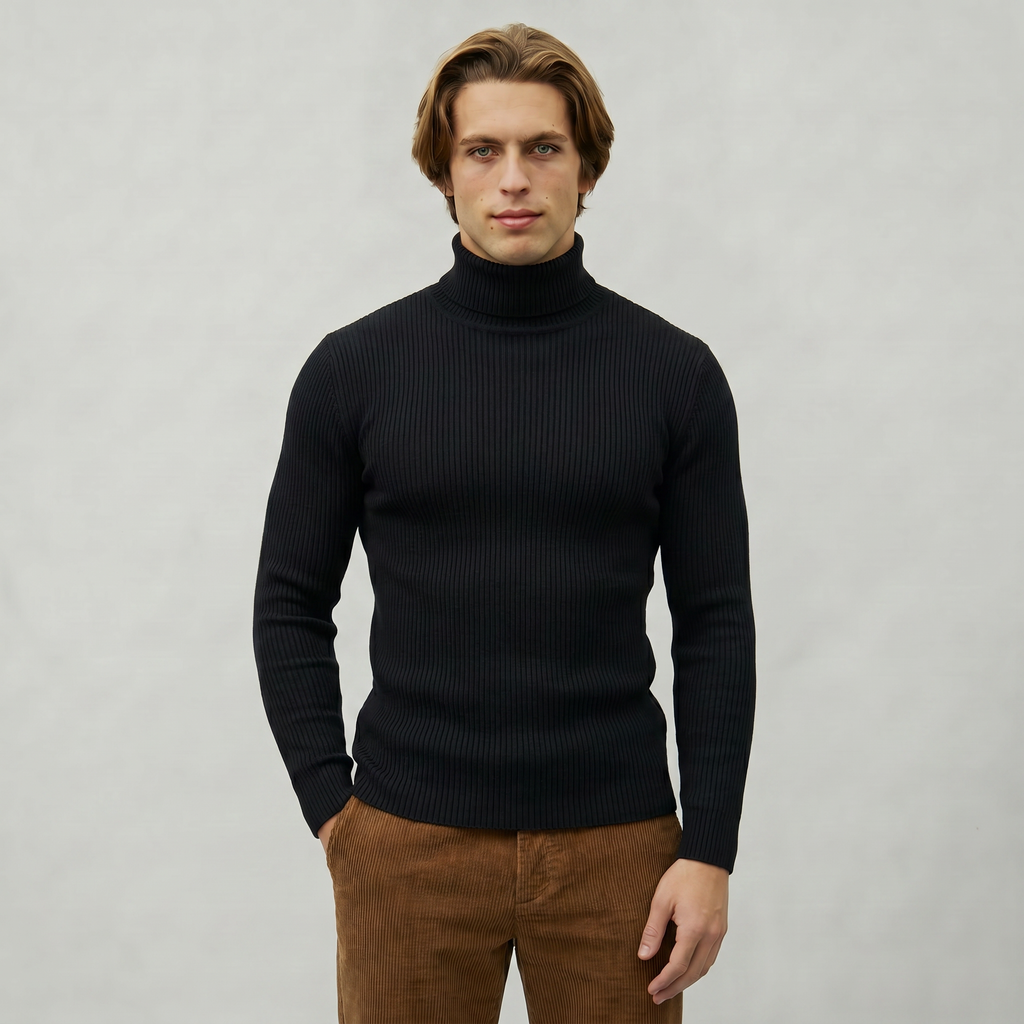 Men’s Ribbed Turtle Neck Jumper - Roll Neck Skivvy Slim Fit