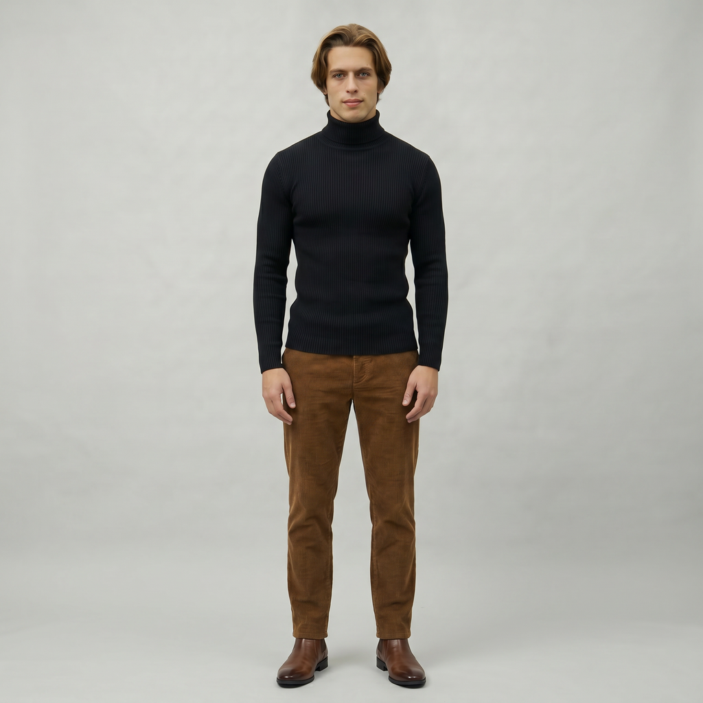 Men’s Ribbed Turtle Neck Jumper - Roll Neck Skivvy Slim Fit