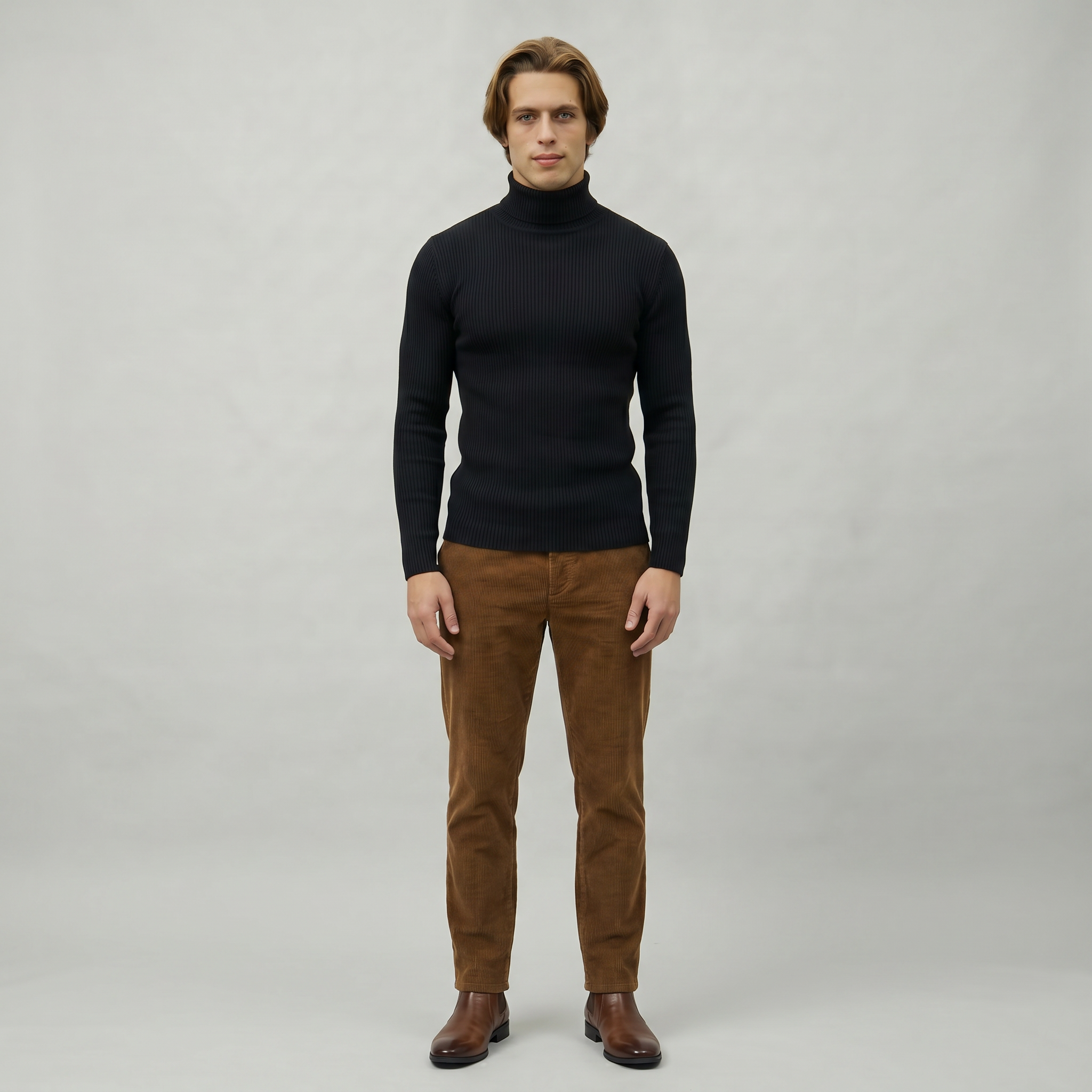 Men’s Ribbed Turtle Neck Jumper - Roll Neck Skivvy Slim Fit