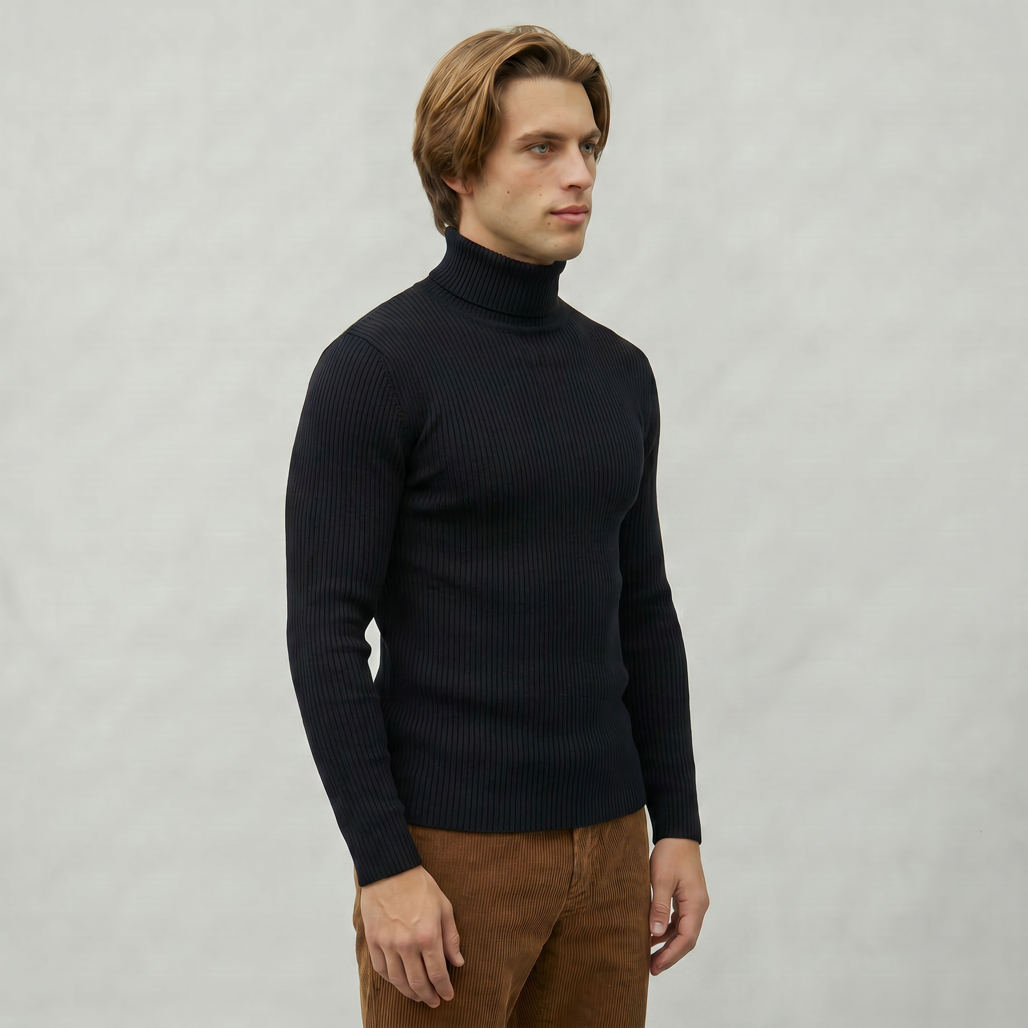 Men’s Ribbed Turtle Neck Jumper - Roll Neck Skivvy Slim Fit