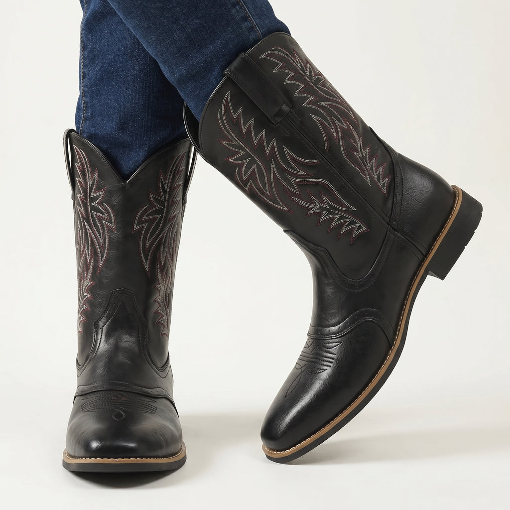 Men’s Square-Toe Western Boots - Pull-On Mid-Calf Cowboy Fit