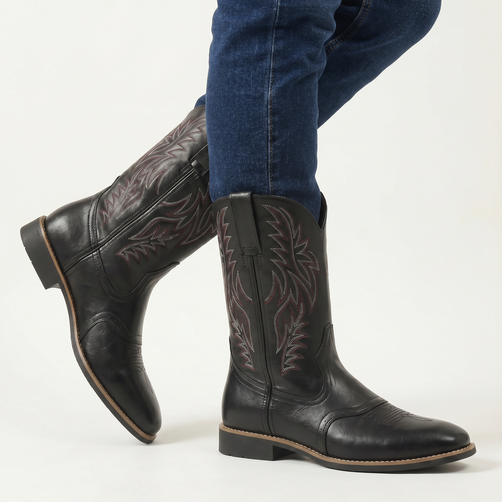 Men’s Square-Toe Western Boots - Pull-On Mid-Calf Cowboy Fit
