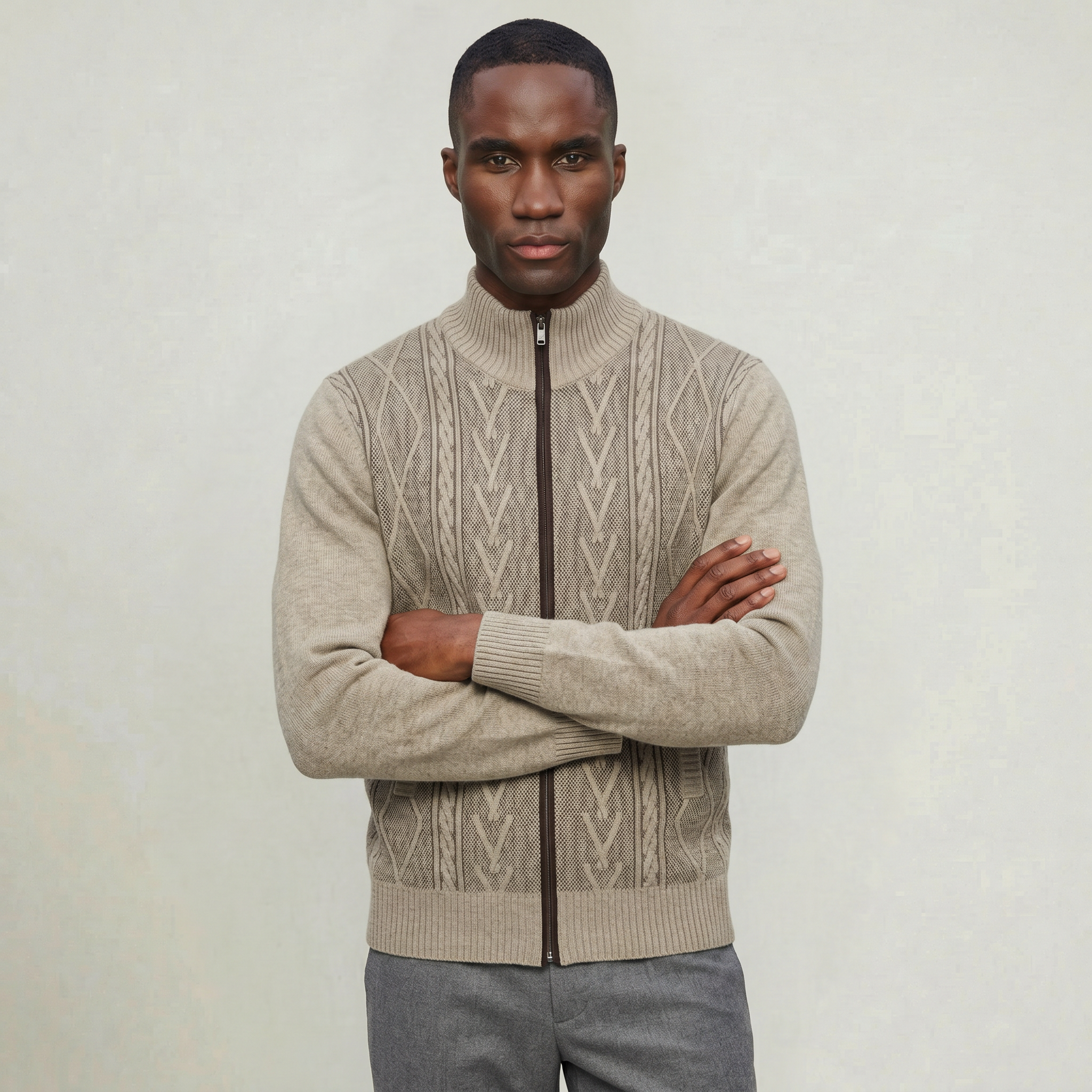 Men’s Knit Zip Jacket - Textured Cardigan Style Regular Fit