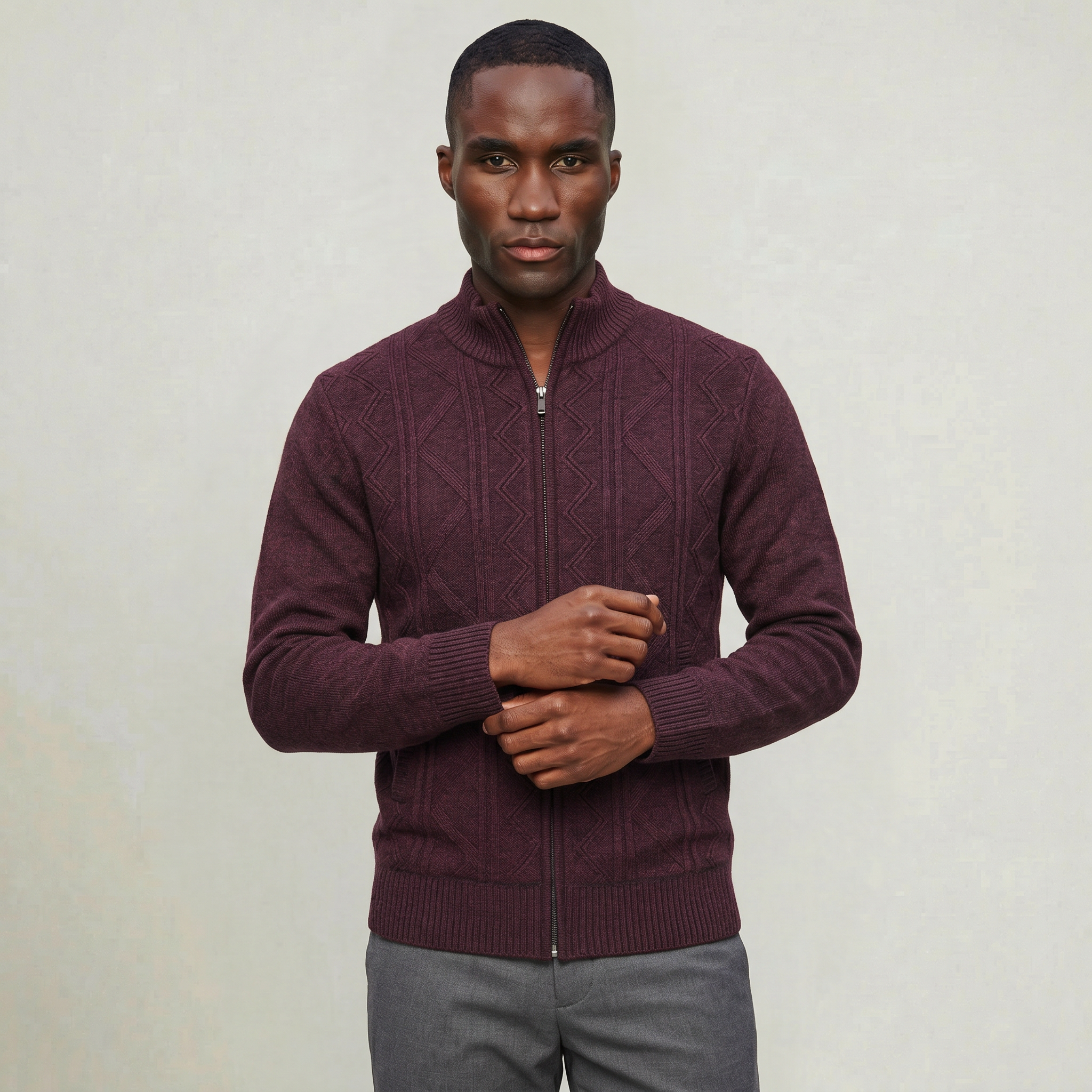 Men’s Knit Zip Jacket - Textured Cardigan Style Regular Fit