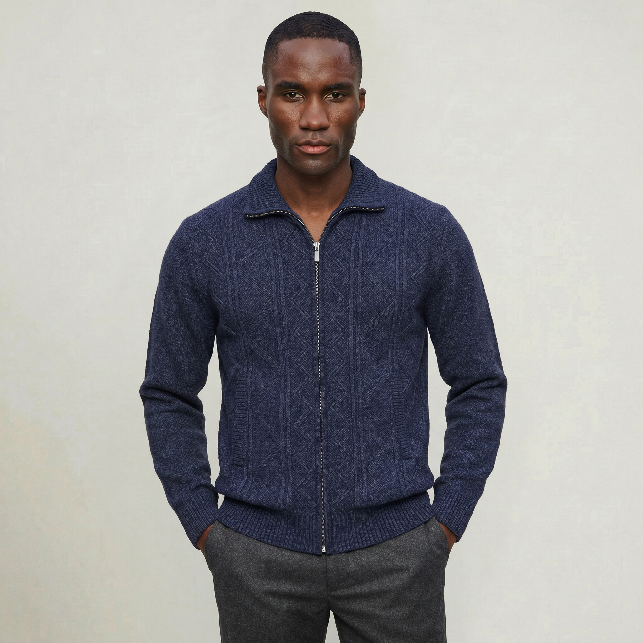 Men’s Knit Zip Jacket - Textured Cardigan Style Regular Fit