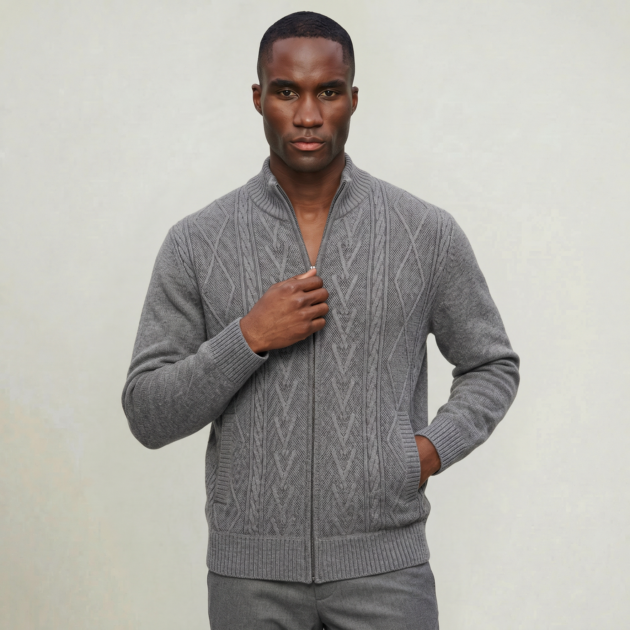 Men’s Knit Zip Jacket - Textured Cardigan Style Regular Fit